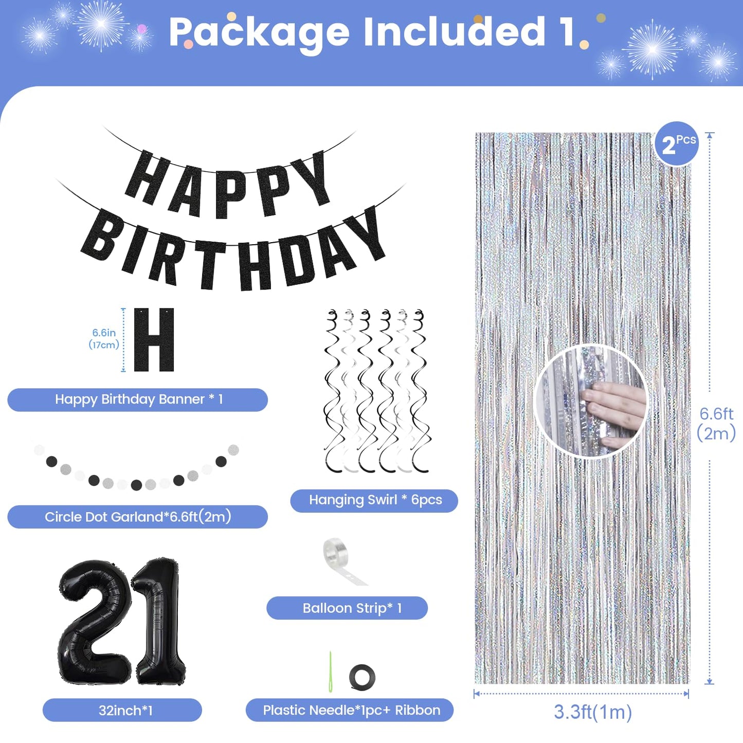 21st Birthday Decorations for Boys Girls, Happy Birthday Decorations for Her Him,21 Black and Silvery Party Kit Supplies