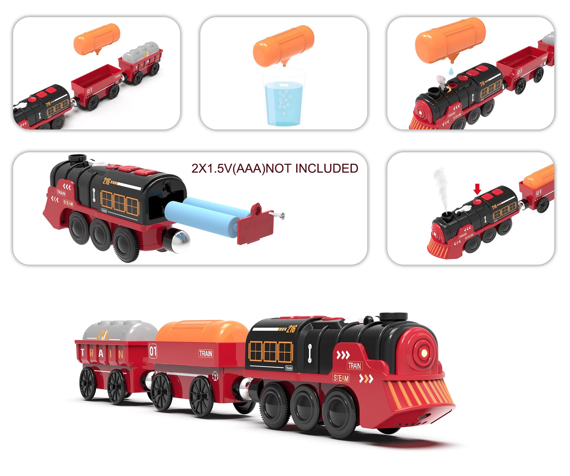 Toy Train Electric Train Set for Wooden Tracks, Christmas Motorized Train Toys for Toddlers, Battery Operated Train Includes Lights, Sounds, Smoke