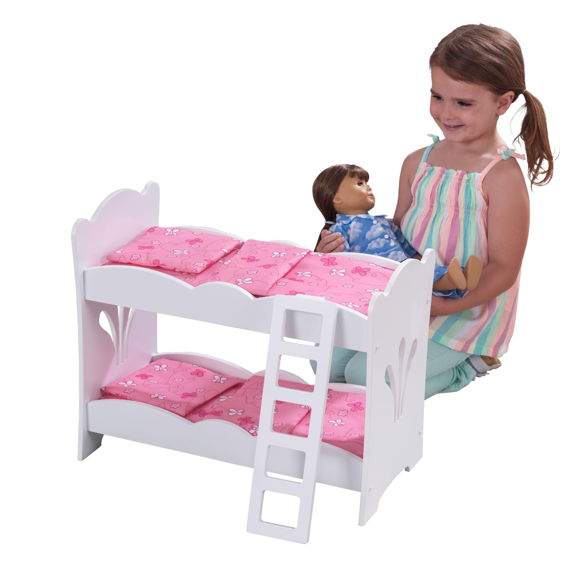 KidKraft KidKraft Wooden Lil' Doll Bunk Bed with Pink Butterfly Bedding Set, Furniture for 18-Inch Dolls - White,Gift for Ages 3+
