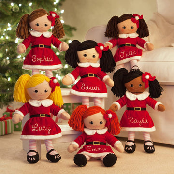 Personalized Planet Rag Doll with Custom Name Embroidered | Hispanic Girl Dressed in Santa Skirt with Stripped Stockings | Brown Hair with Removable
