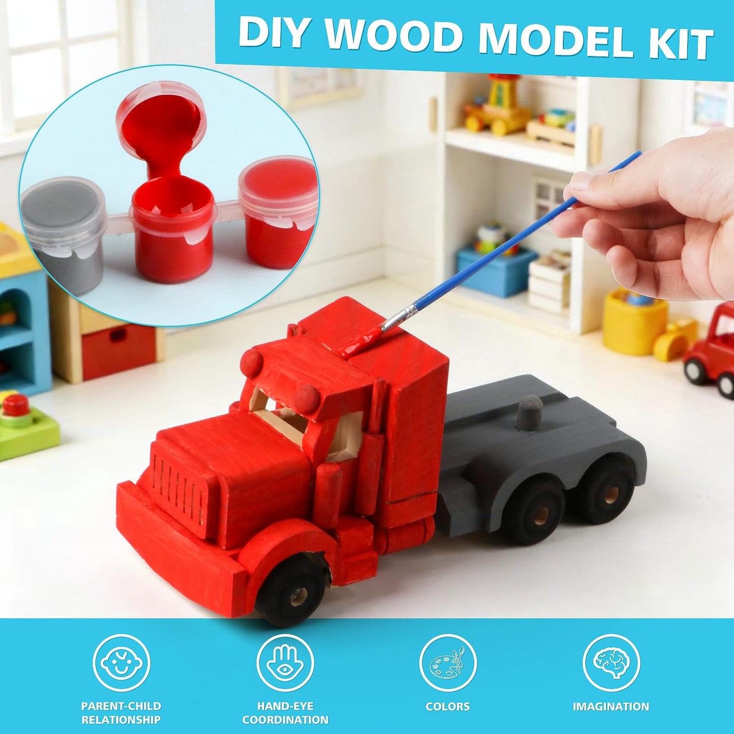 VOMOCNET 3 Pack DIY Wooden Model Building Kit, Includes Fighter Jet, Truck, Race Car, Paint Your Own Arts and Crafts, STEM Toys Birthday Gifts