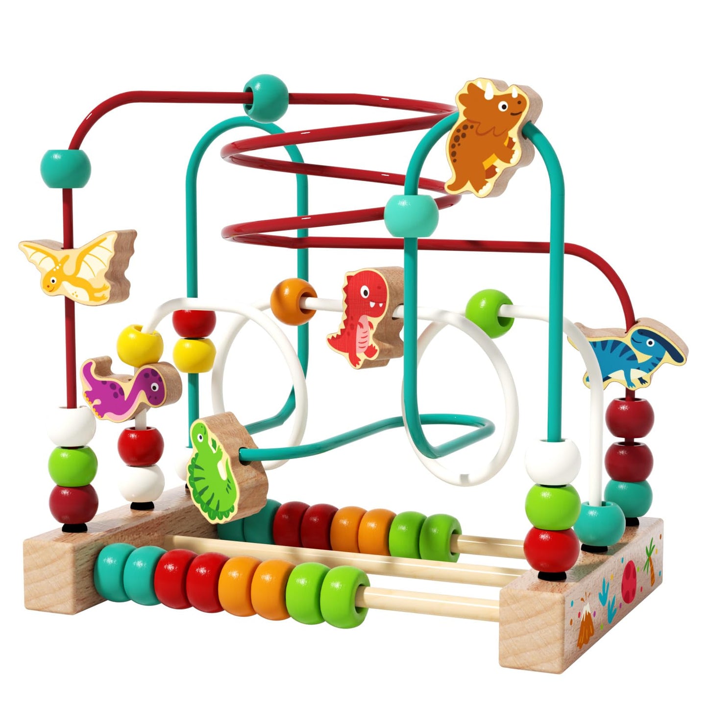 edutree Wooden Bead Maze Roller Coaster Toys for Toddlers, Dinosaur Colorful Shape Montessori Toys for 2-3 Year Old, Educational Learning Counting Toy