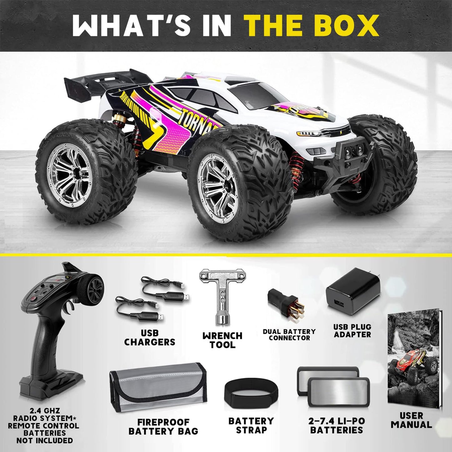 Verahaus 4x4 RC Cars for Adults 48kmh High-Speed - 1:12 Scale Large Waterproof Remote Control Truck, Offroad Electric Monster Car, 2 Batteries 30+ Min