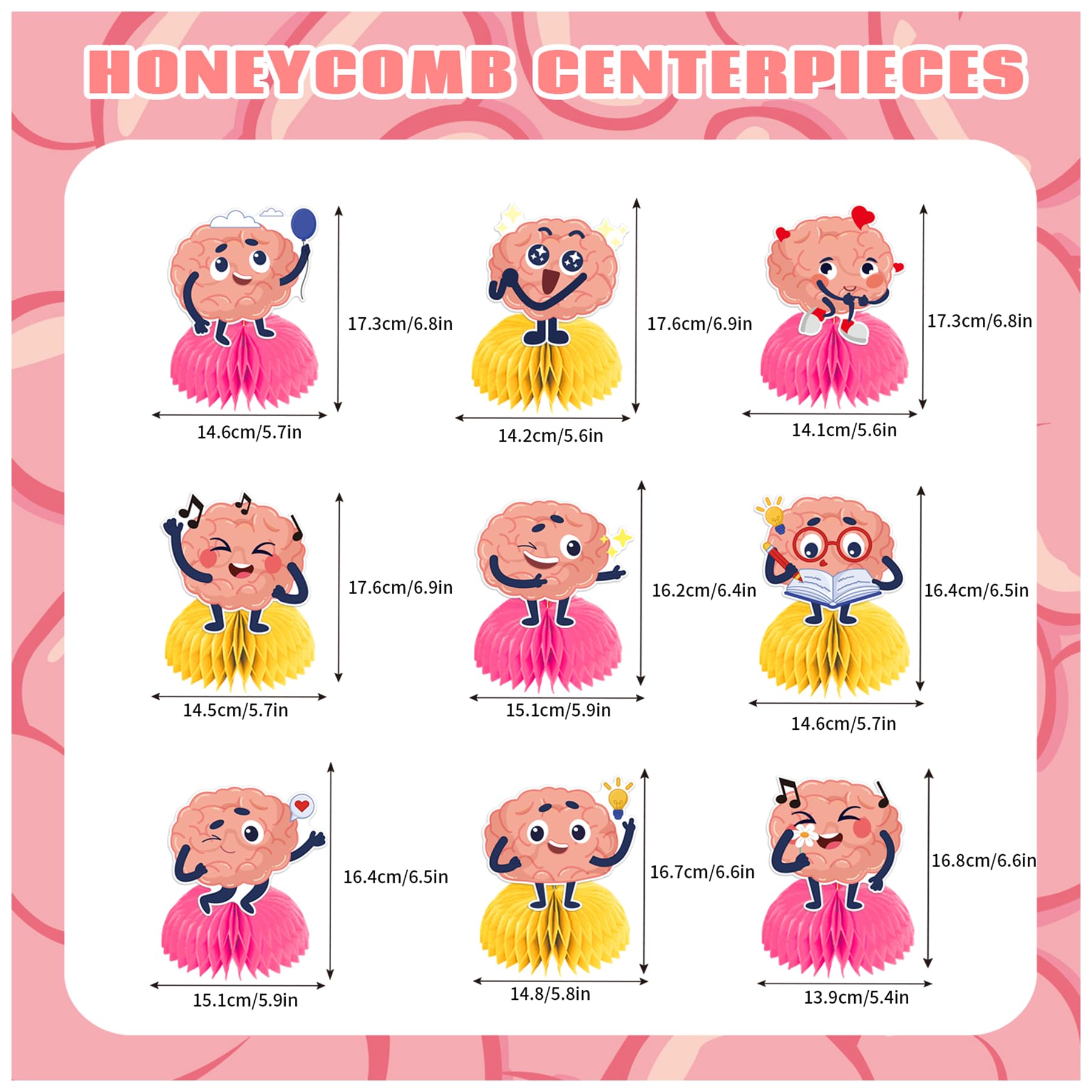 9 PCS Brain Honeycomb Centerpieces for Table Decor, Brain Table Decorations Table Toppers for Brain Party Decorations Brain Birthday Party Supplies