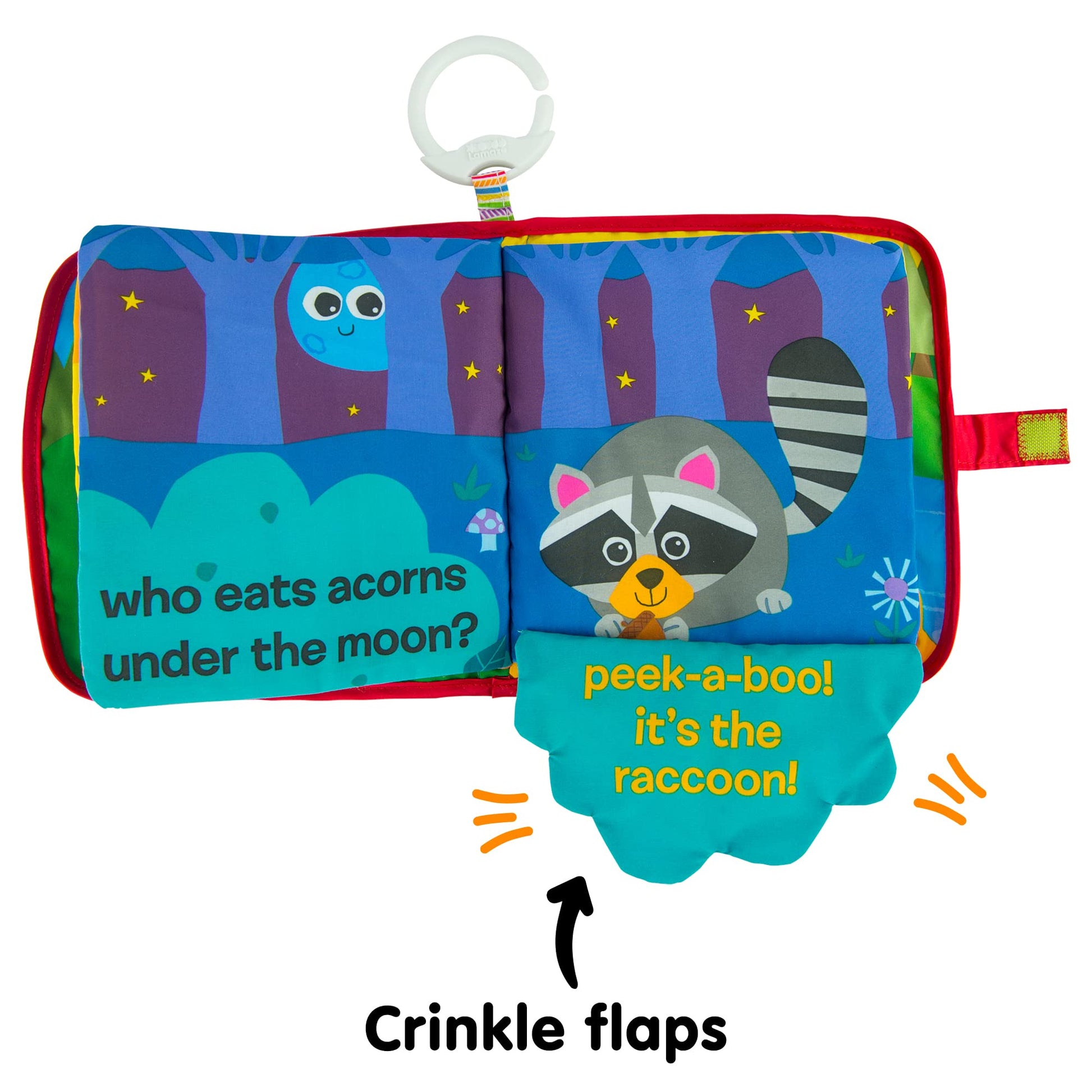 Lamaze Peek-A-Boo Forest Soft Baby Book - Clip-On Cloth Book - Washable Crinkling Fabric Pages for Sensory Play - Teething and Learning Toys
