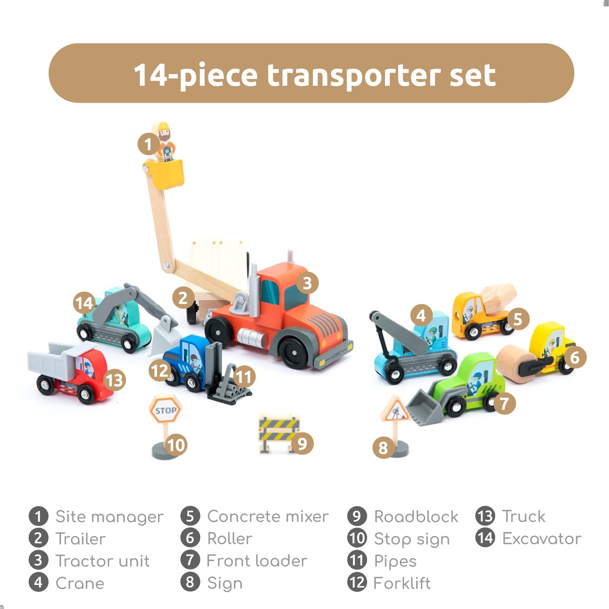 umu Construction Toy Cars 14 PCS Wooden Kids Mini Vehicles for Toddlers, Compatible to Thomas Train Toys Railway and Major Brands, Best for 3 to 5