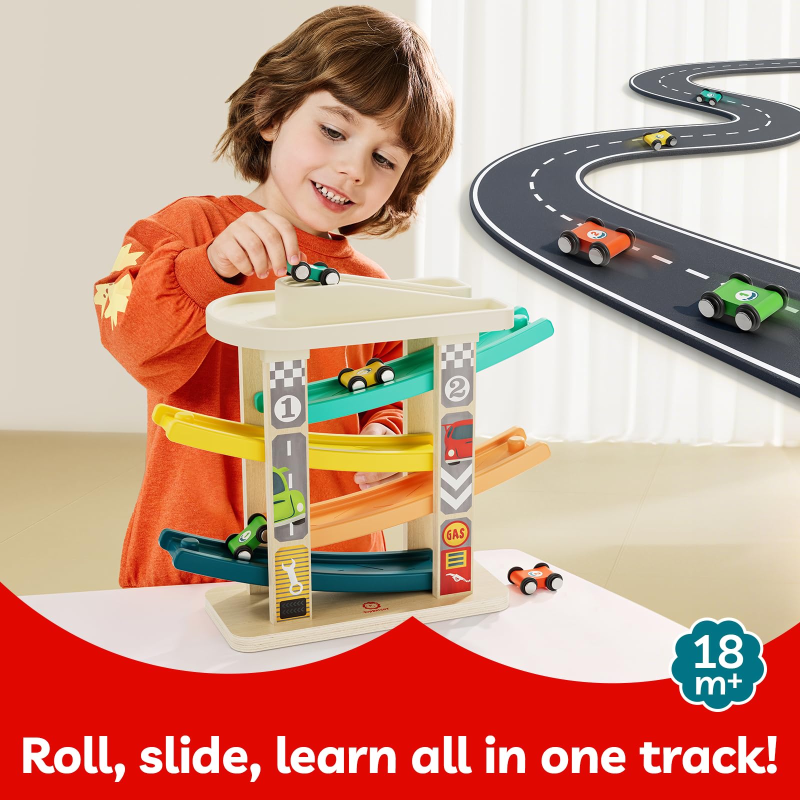 TOP BRIGHT Toddler Toys for 2 Year Old Boy, Wooden Car Ramp Race Track Set, Car Toys for Toddlers 1-3 with Cars and a Garage, Montessori Toys for 12