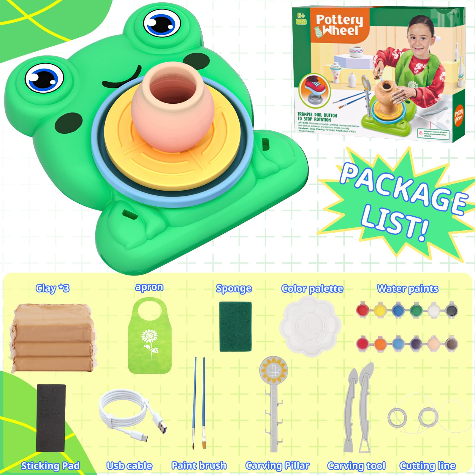 Aujazyble Pottery Wheel for Kids - Complete Pottery Painting Kit Arts and Crafts for Kids Ages 8-12 with 3 Pack Air Dry Clay Art Supplies Toys
