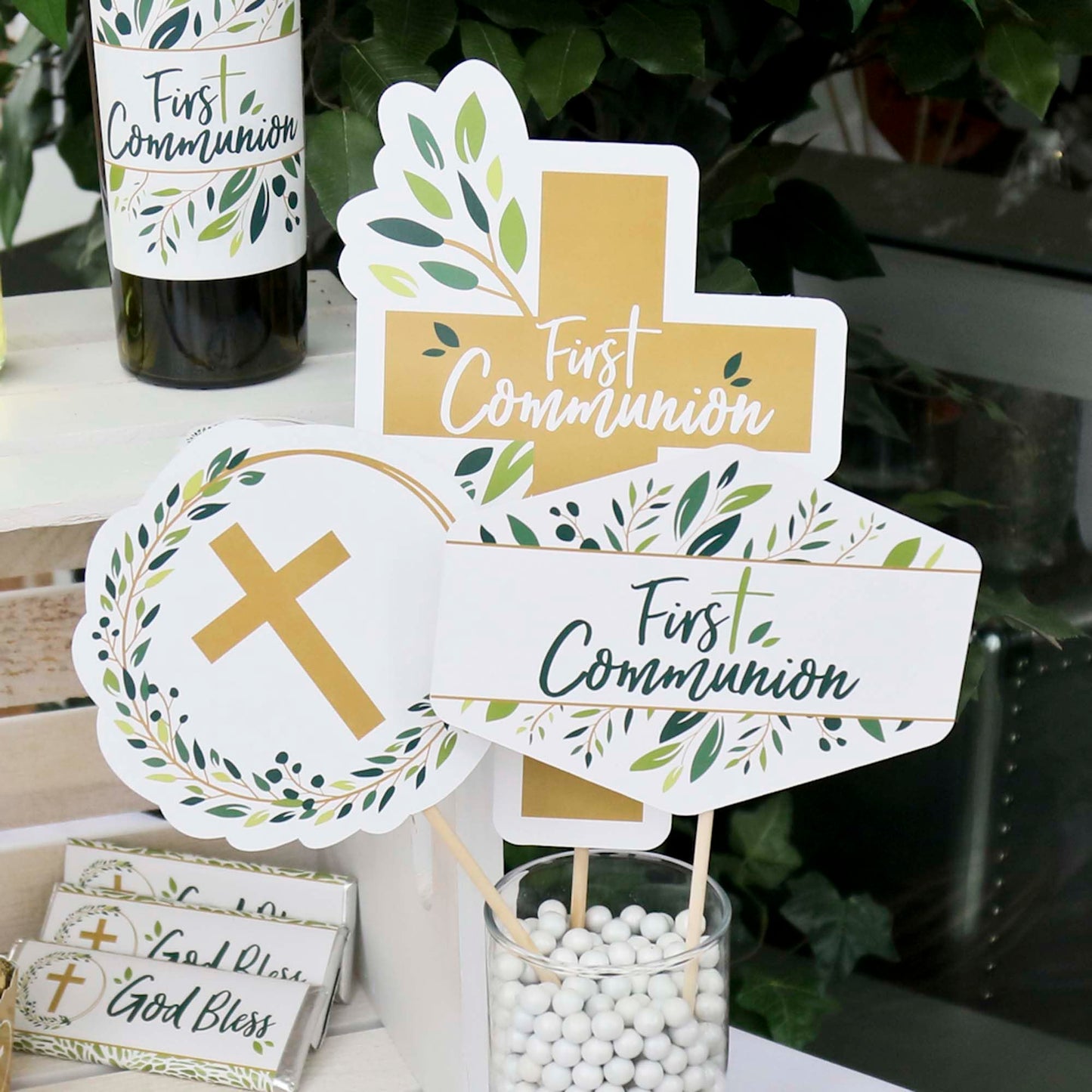 Big Dot of Happiness First Communion Elegant Cross - Religious Party Centerpiece Sticks - Table Toppers - Set of 15