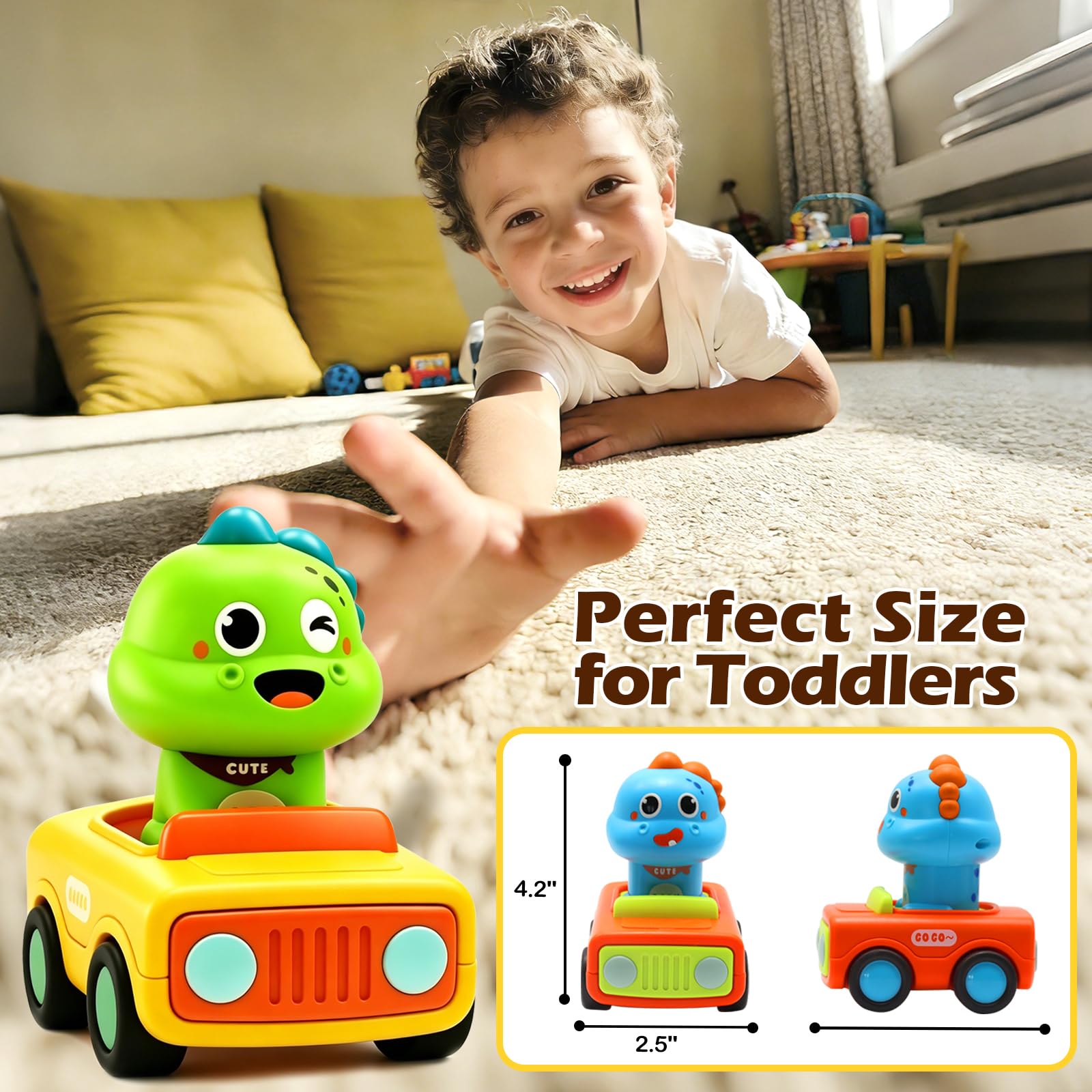 Pbooo Press to Go Car, Dinoaur Car Toys for Toddlers 1-3, Kids' Play Vehicles and Race Cars, Push Go Cars for 6-12-18 Month, Ideal Christmas