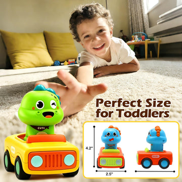 Pbooo Press to Go Car, Dinoaur Car Toys for Toddlers 1-3, Kids' Play Vehicles and Race Cars, Push Go Cars for 6-12-18 Month, Ideal Christmas