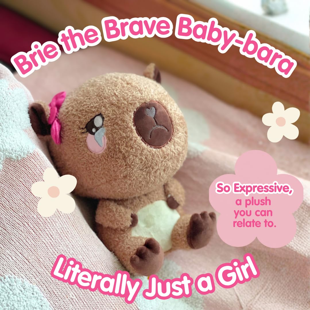 Plush Capybara Girl with Hairbow - Brie the Brave Baby-bara by PlushGoals | Crying Baby Stuffed Animal With Tears | Kawaii Style Super Soft Emotional