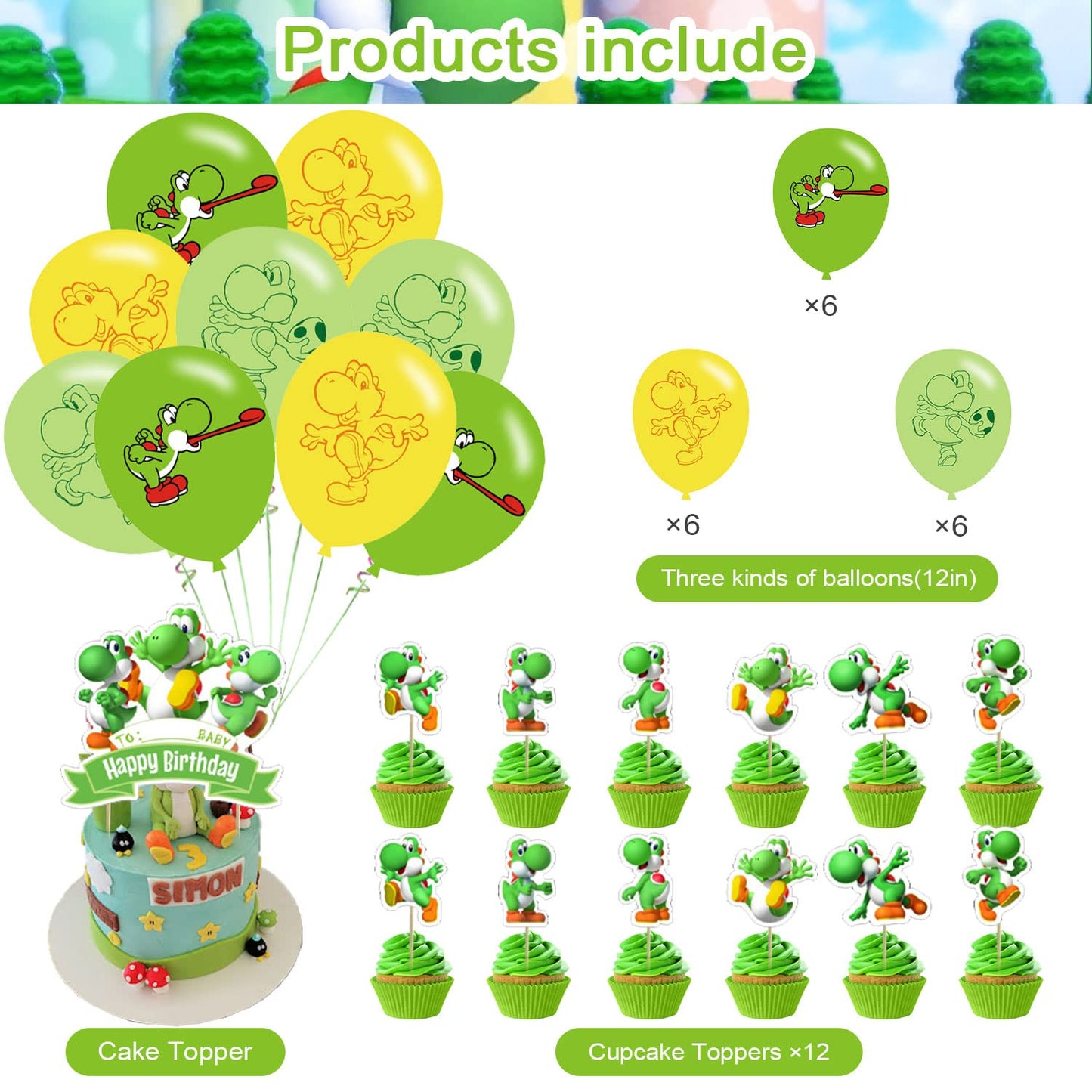 Yoshi Party Decorations,Yoshi Birthday Party Supplies Includes Banner - Cake Topper - 24 Cupcake Toppers - 18 Balloons