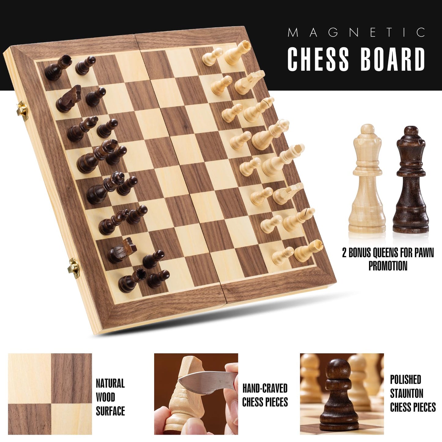 ASNEY Upgraded Magnetic Chess Set, 15" Tournament Staunton Wooden Chess Board Game Set with Magnets, Crafted Chesspiece ans Storage Slots for Kids
