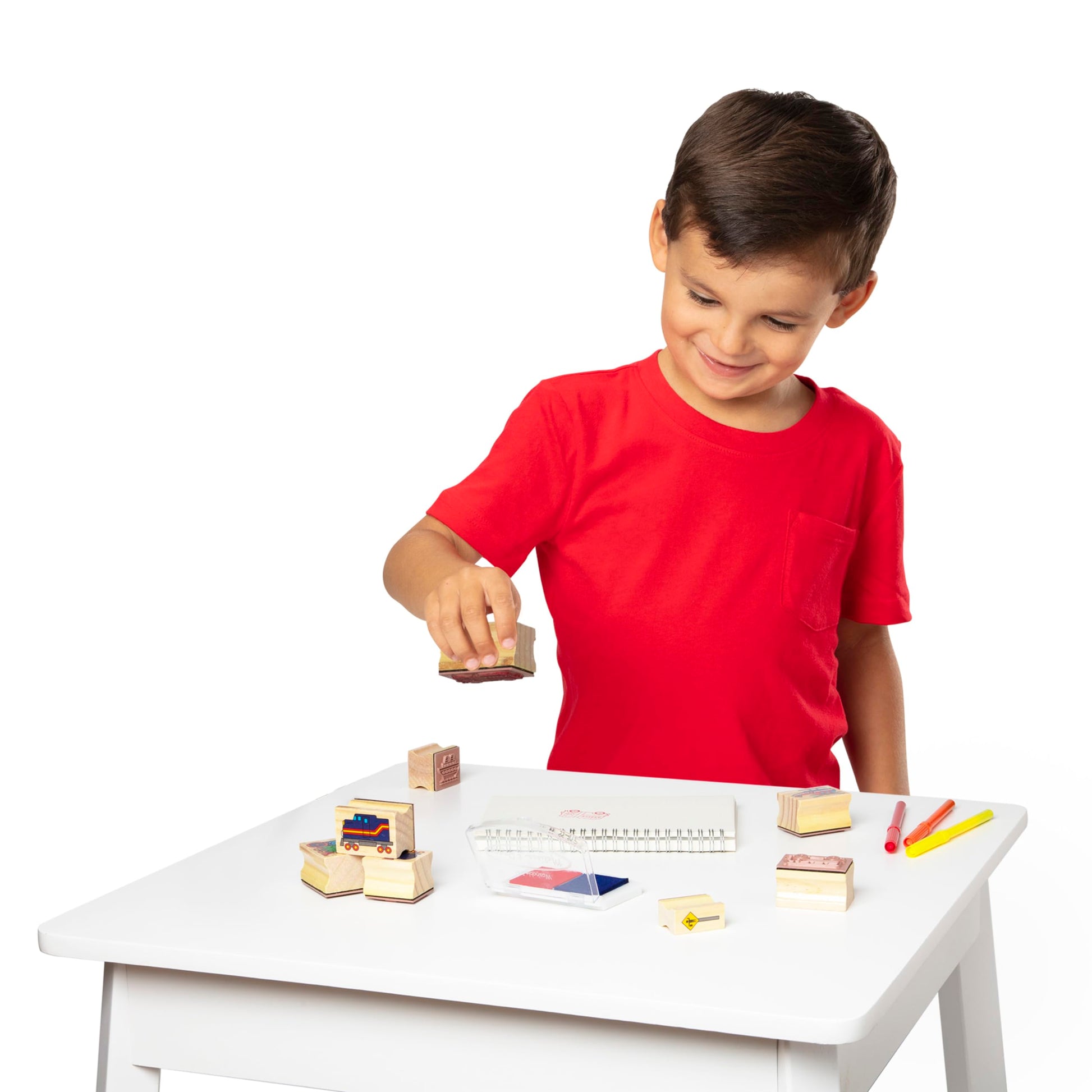Melissa & Doug Deluxe Wooden Stamp and Coloring Set - Vehicles (30 Stamps, 6 Markers, 2 Durable 2-Color Stamp Pads)