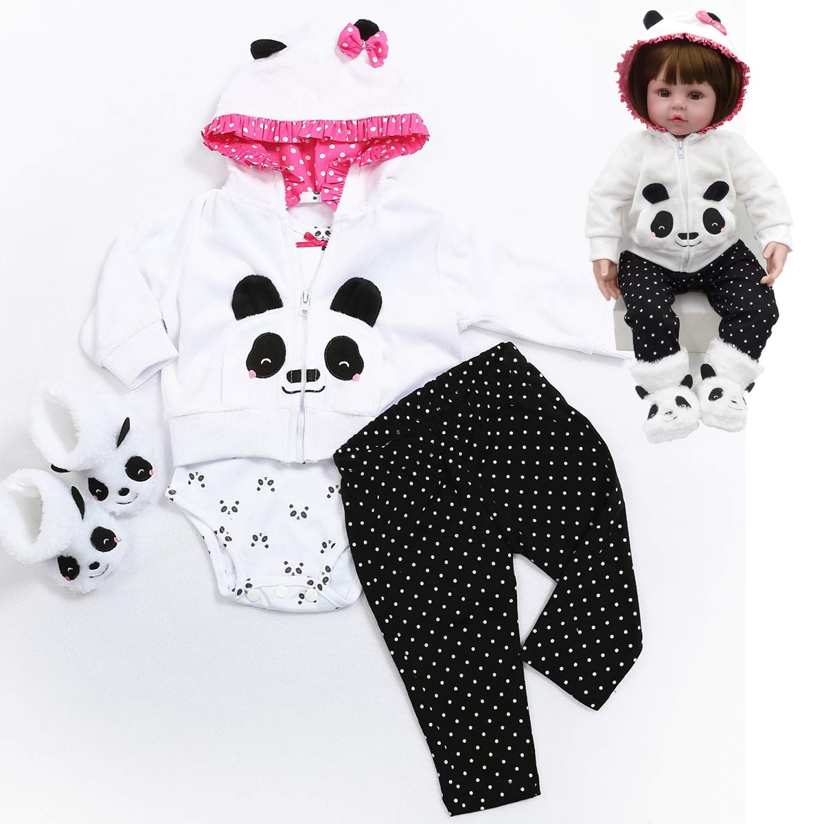 Reborn Baby Girl Dolls Clothes 18 inch Panda Outfits Accesories for 17-19 inch Reborns Doll Newborn Baby Girl Matching Clothing