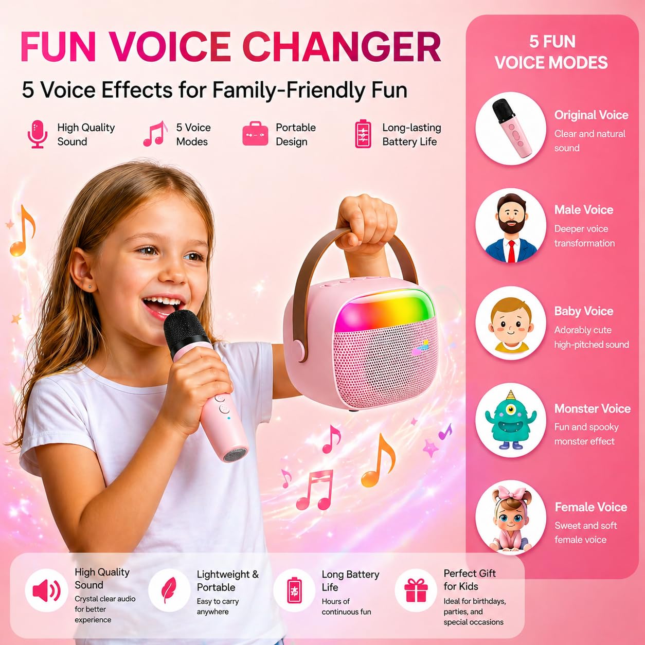 Kids Karaoke Machine for Girls, Mini Karaoke Machine for Kids with 2 Wireless Microphones & LED Lights,Kids Karaoke Set for Children Singing, Ideal