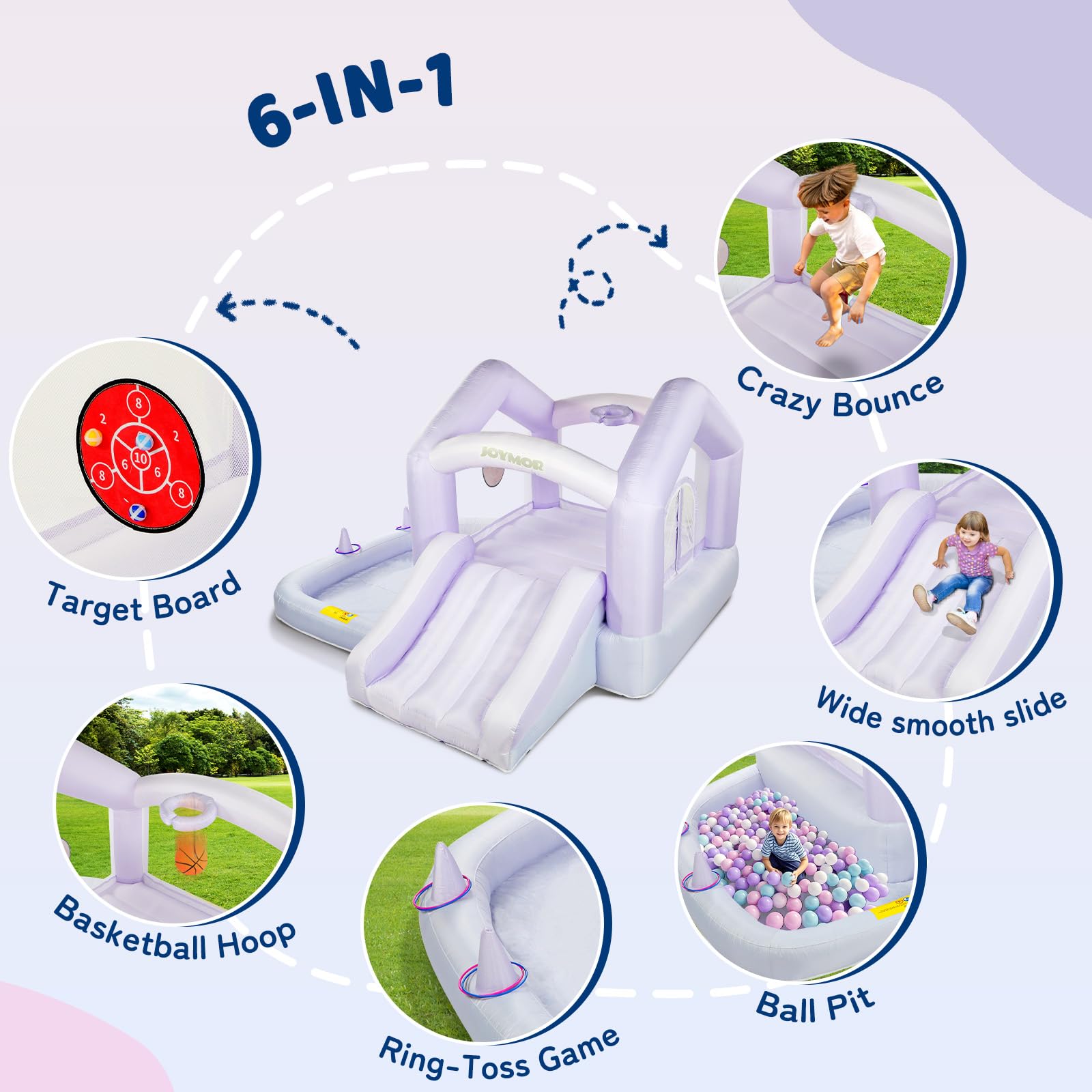 (2026 New) JOYMOR 6 in 1 Grandient Style Inflatable Bounce House for Ages 3-6 w/Ball Pit, Ring-Toss Game, Basketball Hoop and Slide, Bounce House