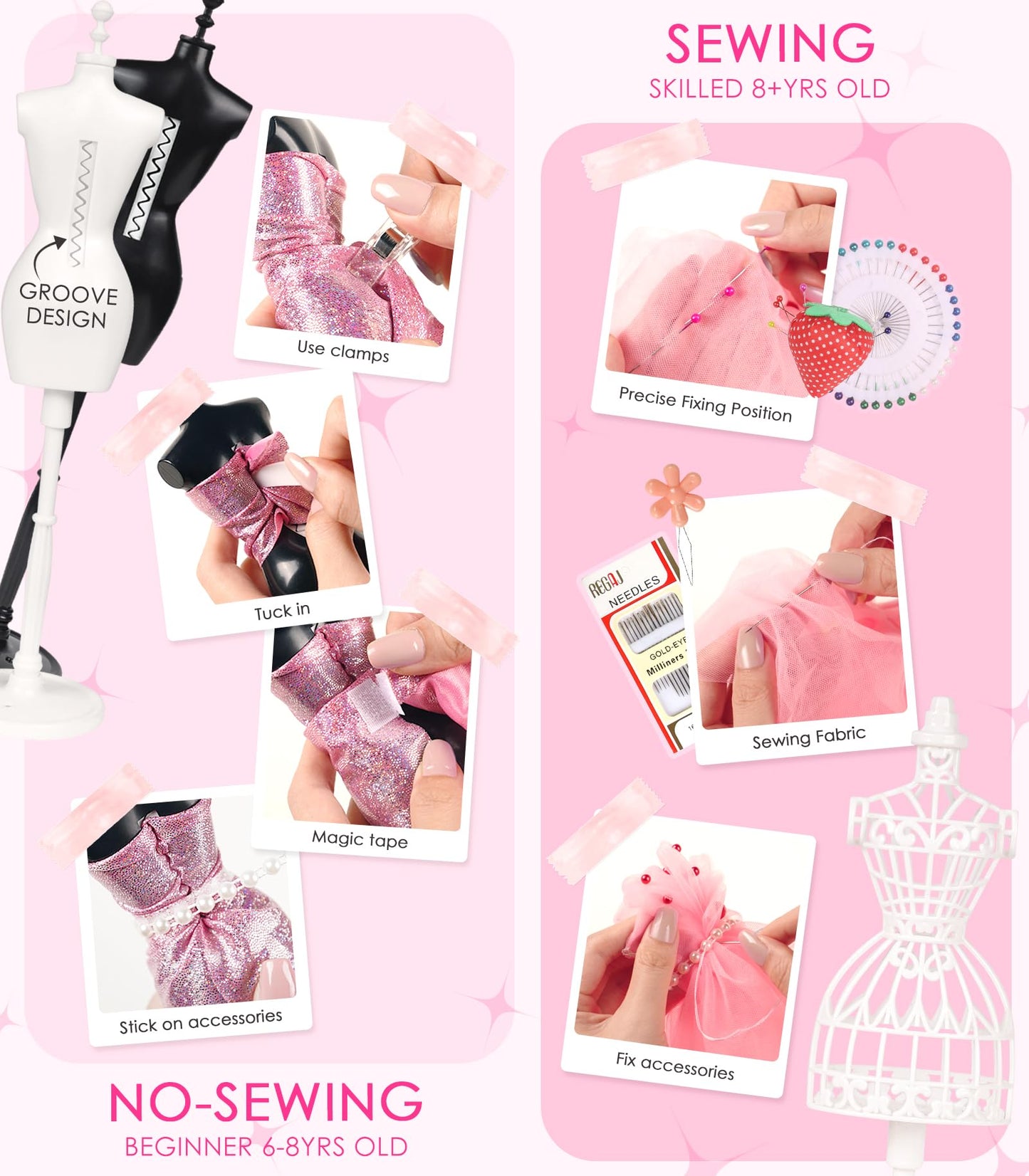 YEETIN Fashion Designer Kit for Girls - DIY Sewing & Arts Craft Kit with 5 Mannequins, Doll Clothes Making Set, Learn to Sew, Creative Gift for Girls