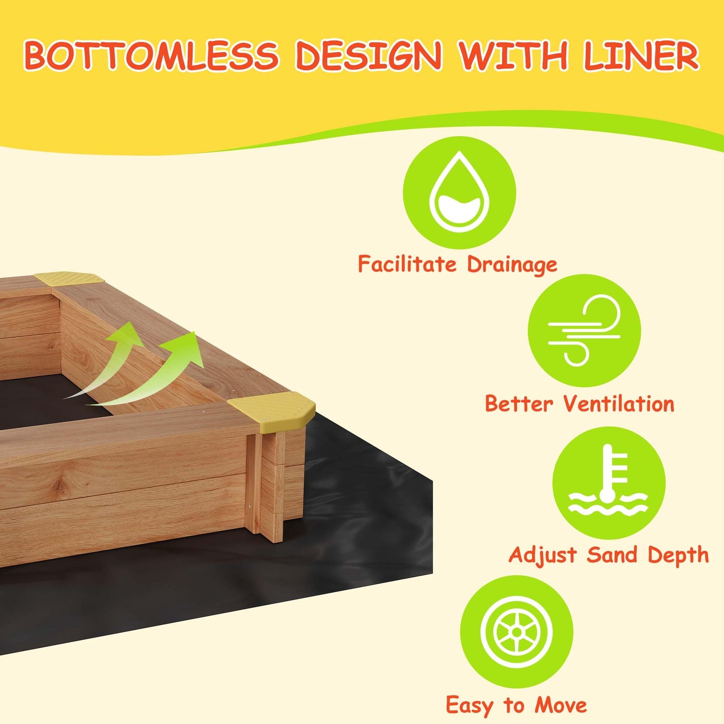 GarveeLife Wooden Sandbox with 2 Plastic Boxes, Outdoor Sand Box with Adjustable Canopy, Bottom Liner, Anti-Collision Design for Ages 3-8, Spacious