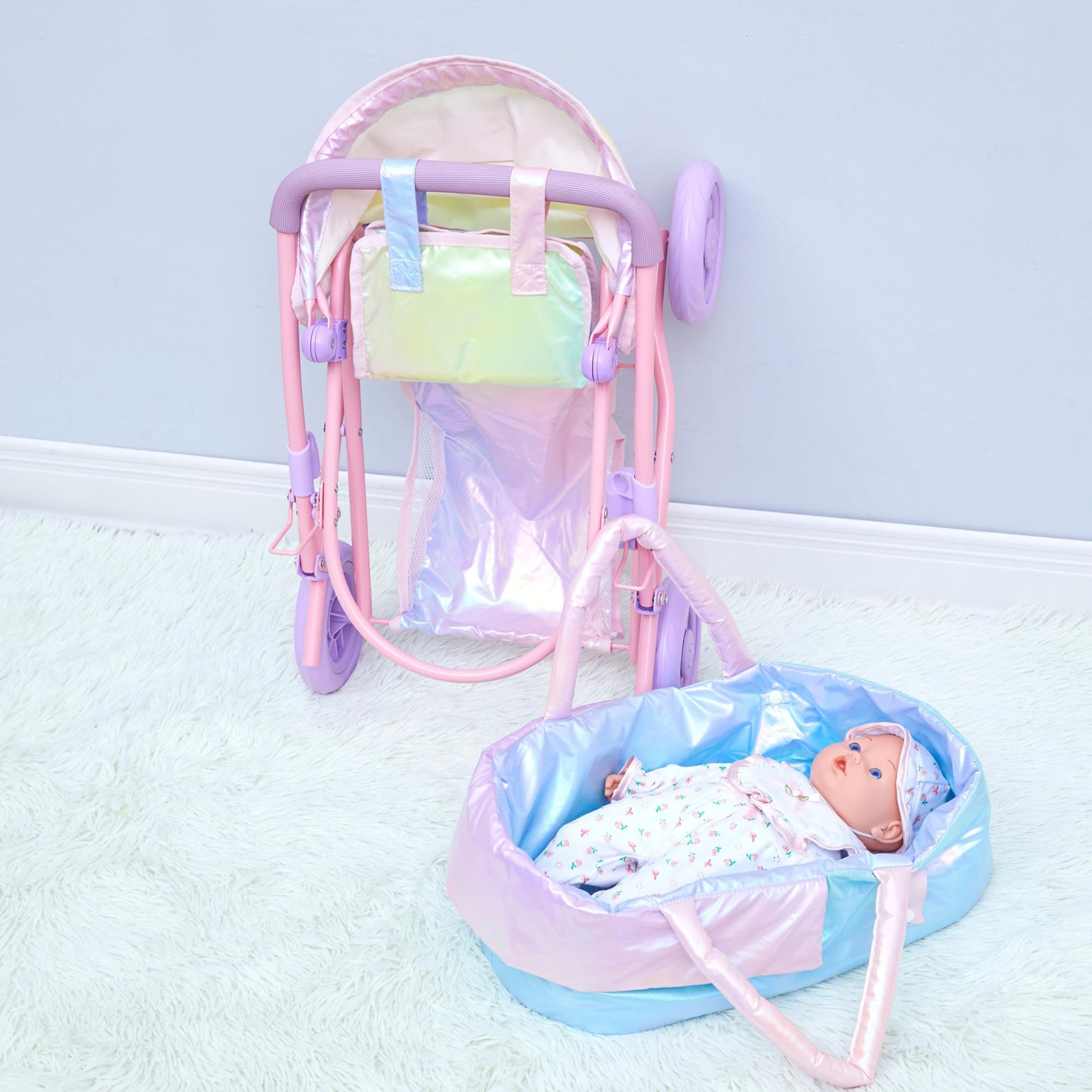 Olivia’s Little World Magical Shimmer Deluxe 2-in-1 Baby Doll Stroller with Matching Mini Diaper Bag, Iridescent Rainbow