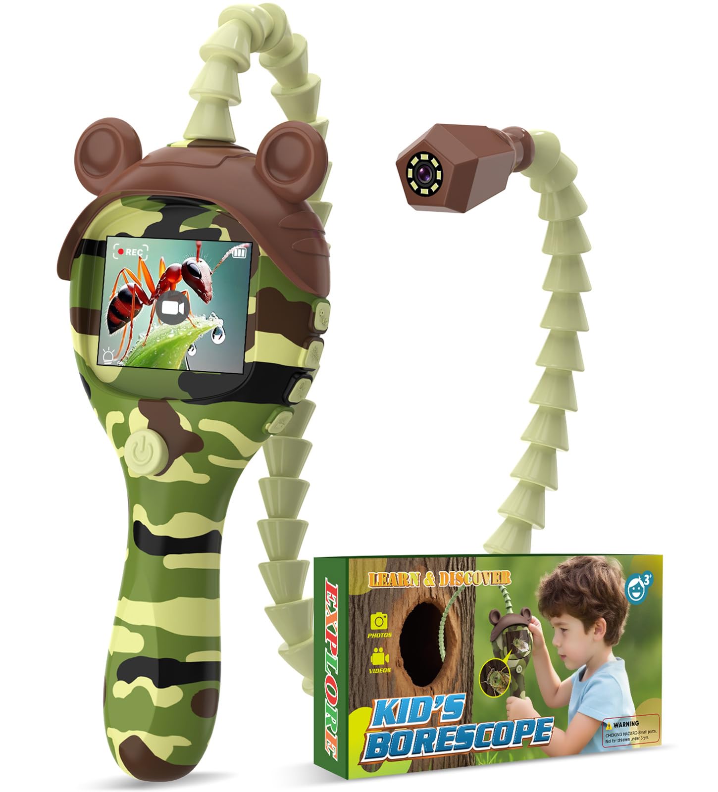 Borescope Camera Toy with Photo and Video, Snake Scope Kids Camera Microscope with Light for Outdoor Camping Nature Exploration, STEM Science Toy for