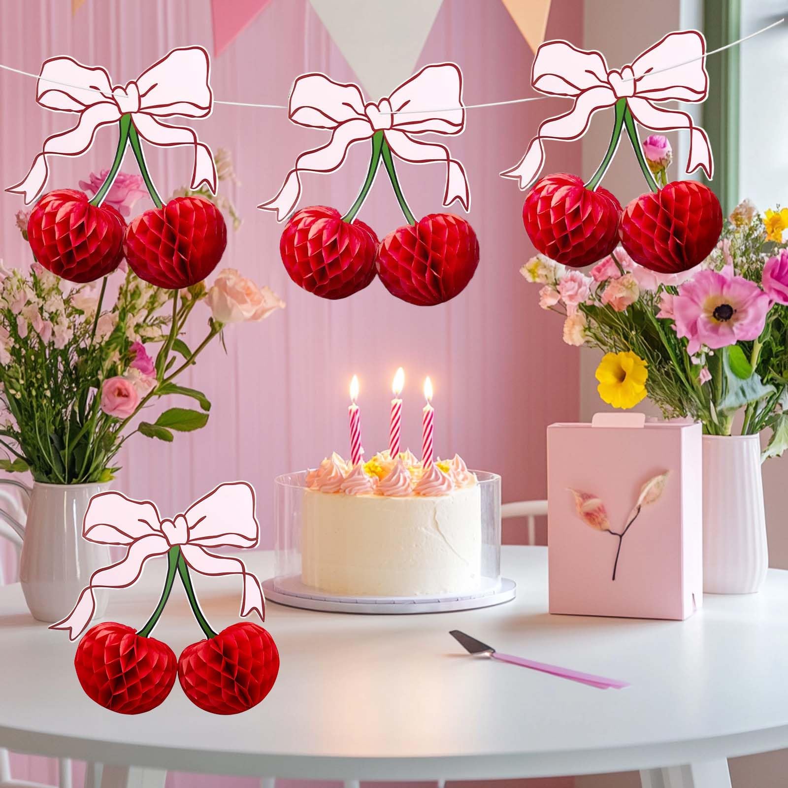 3D Cherry Bow Honeycomb Decorations, 4-Pcs 12 Inch Large Cherry Table Decorations and Cherry On Top Centerpieces, Cherry Decoration for Birthdays