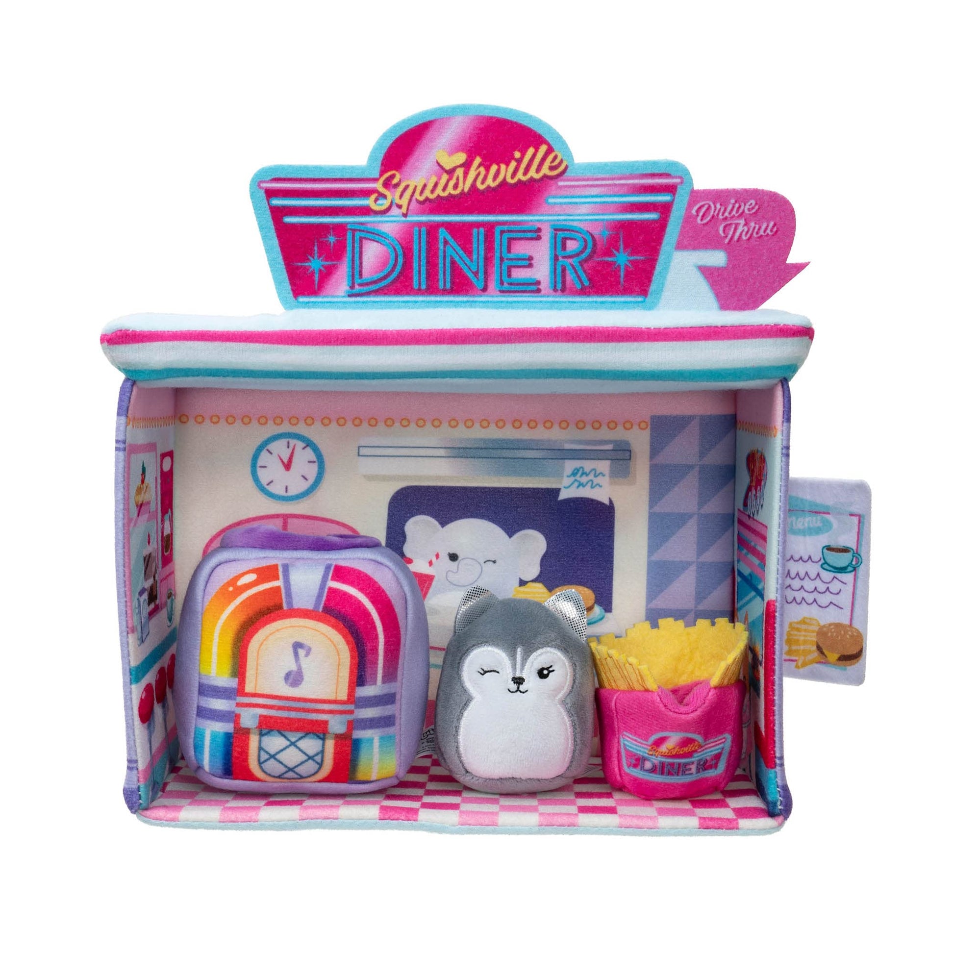 Squishville by Original Squishmallows Darling Diner Playset - Includes 2-Inch Heidi The Husky Plush, Jukebox, French Fries, and Diner Playscene - Toys