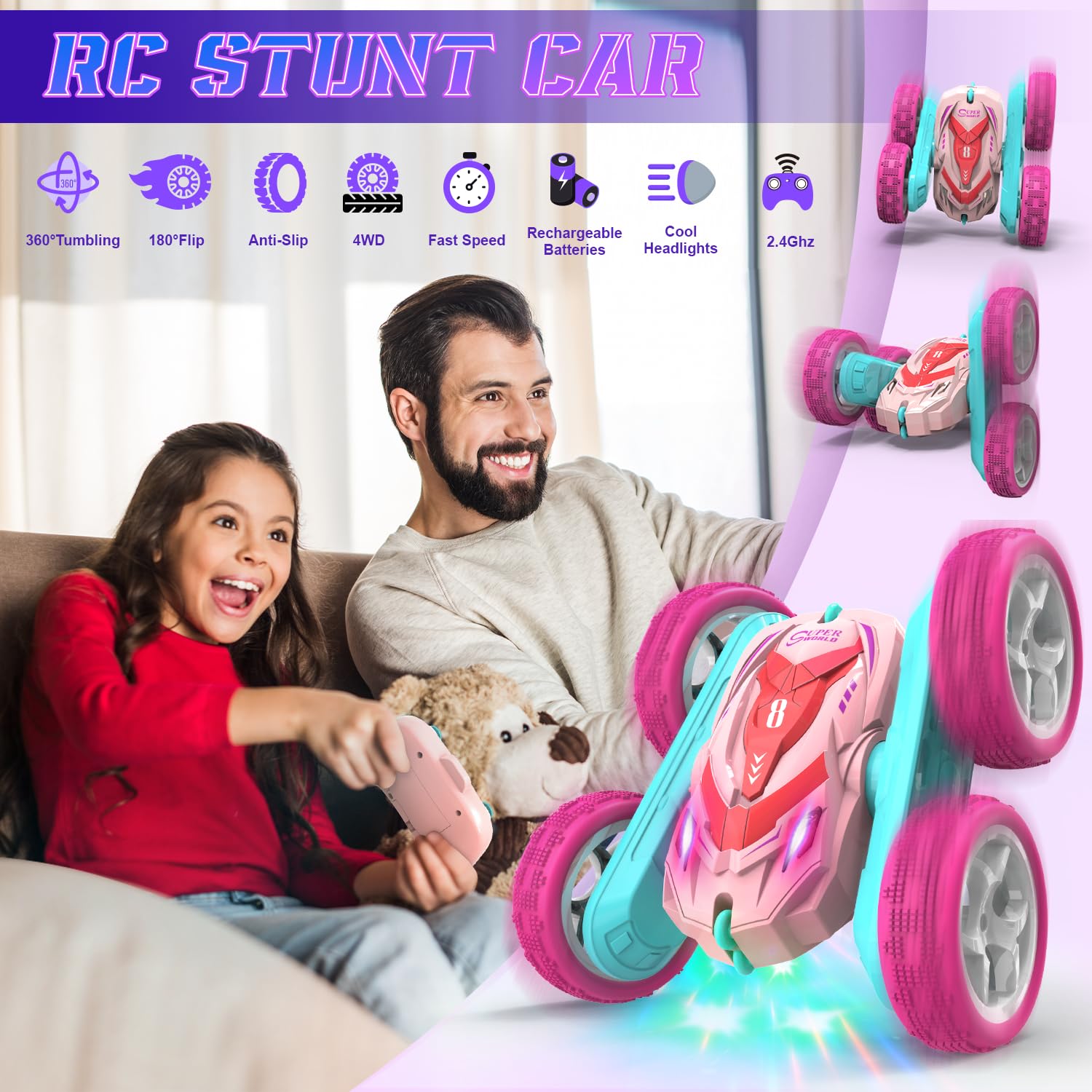 AFUNX RC Stunt Cars, Remote Control Car Double Sided 360° Flip Rotating 4WD 2.4Ghz Rechargeable Car Toy with Headlights For Outdoor & Indoor for 6-12