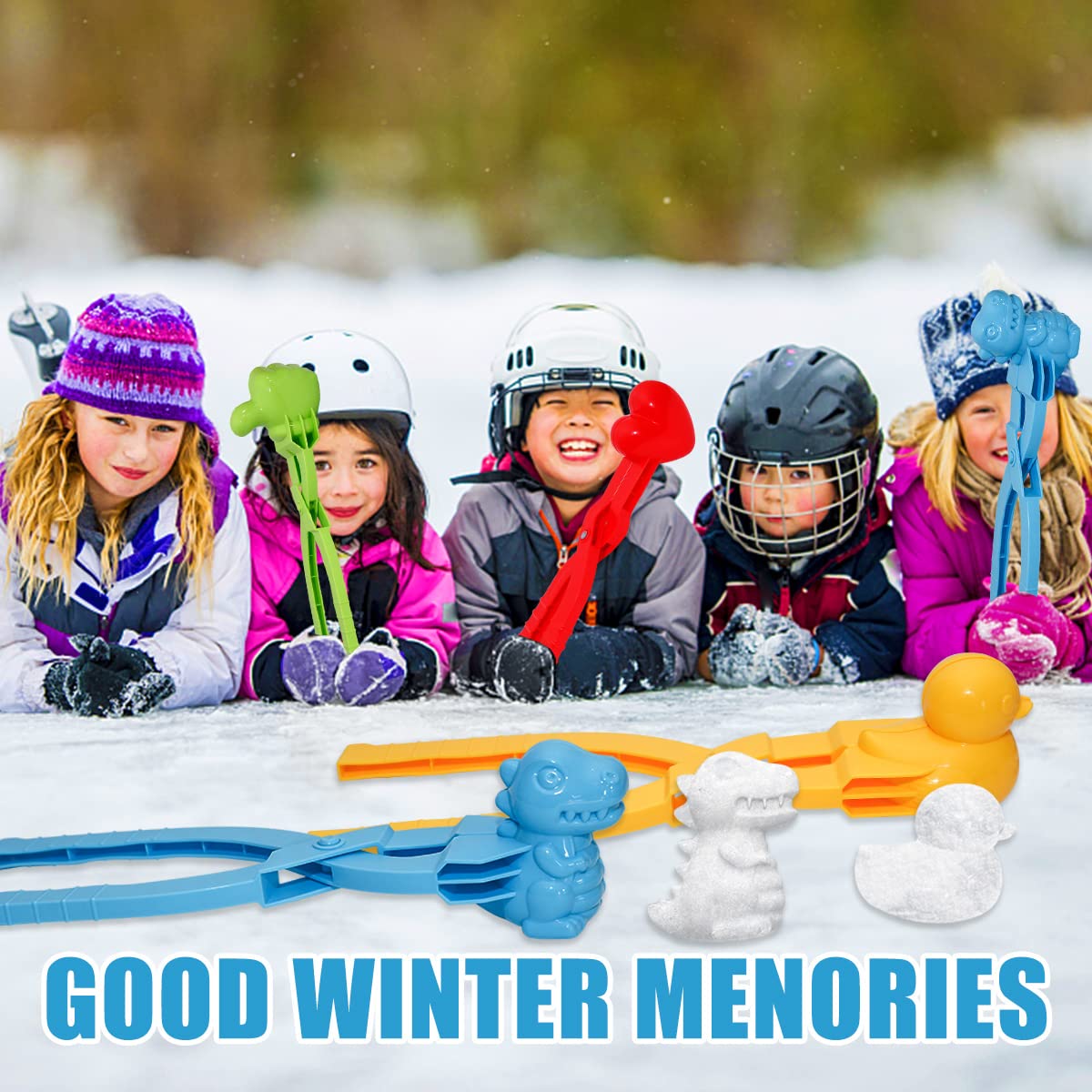 Holady 4PCS Large Size Snowball Maker Clip,Snowball Maker Tool with Handle for Snow Ball Fights, Snow Toys Kids Winter Outdoor Toys（Dinosaur, Love