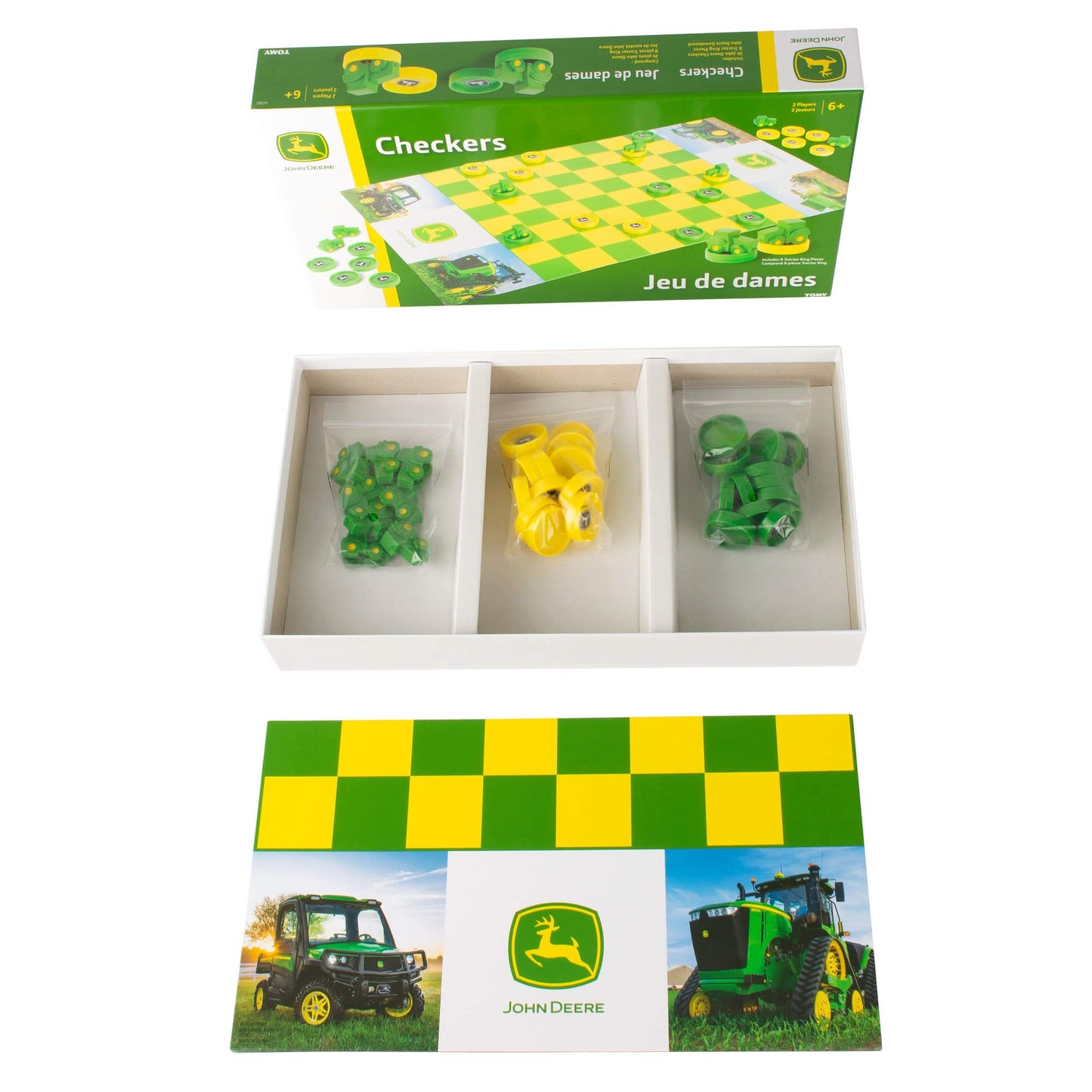 TOMY John Deere Checkers Board Game - Includes Themed Folding Board, Checkers, and Collectible Tractor Kings - Collectible Farm Toys and Strategy