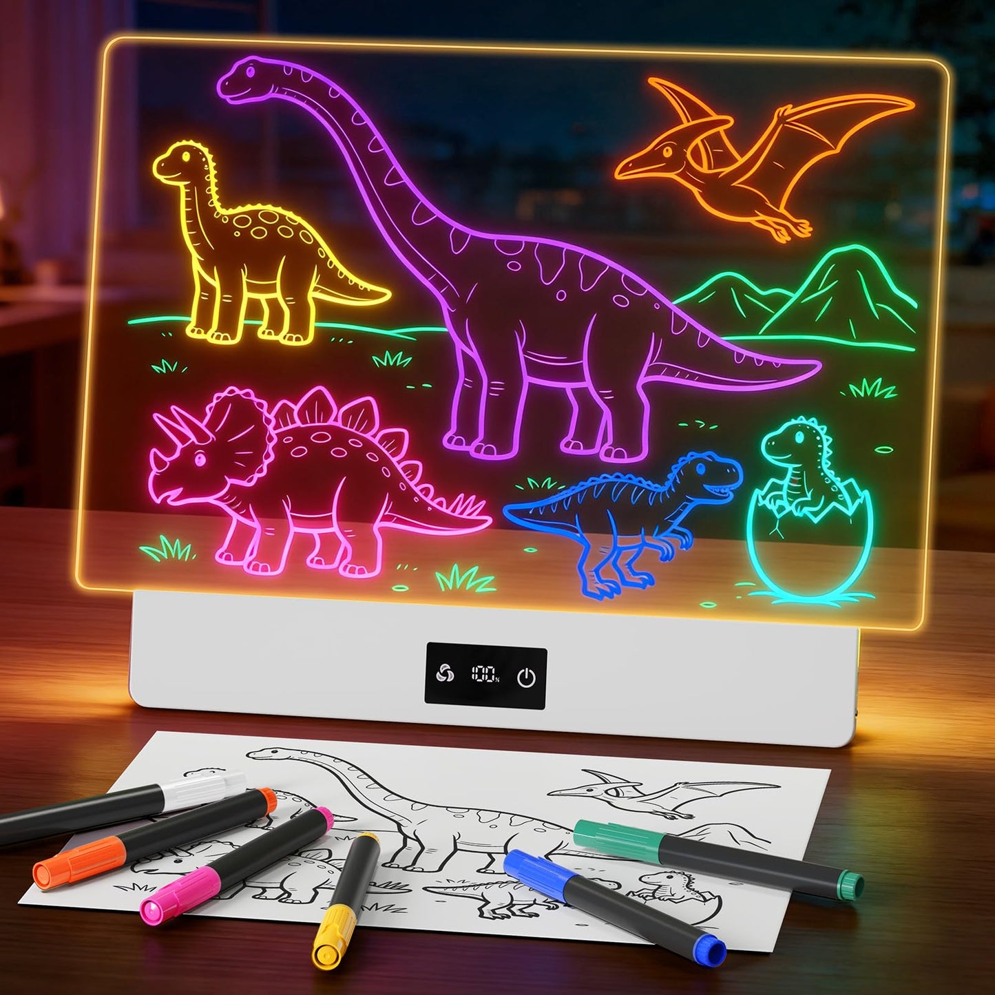 Demolike 16" LED Drawing Board for Kids, Rechargeable Glow Doodle Board with 10 Light Modes, Anti-Scratch Acrylic Dry Erase Pad, 7 Markers & A4