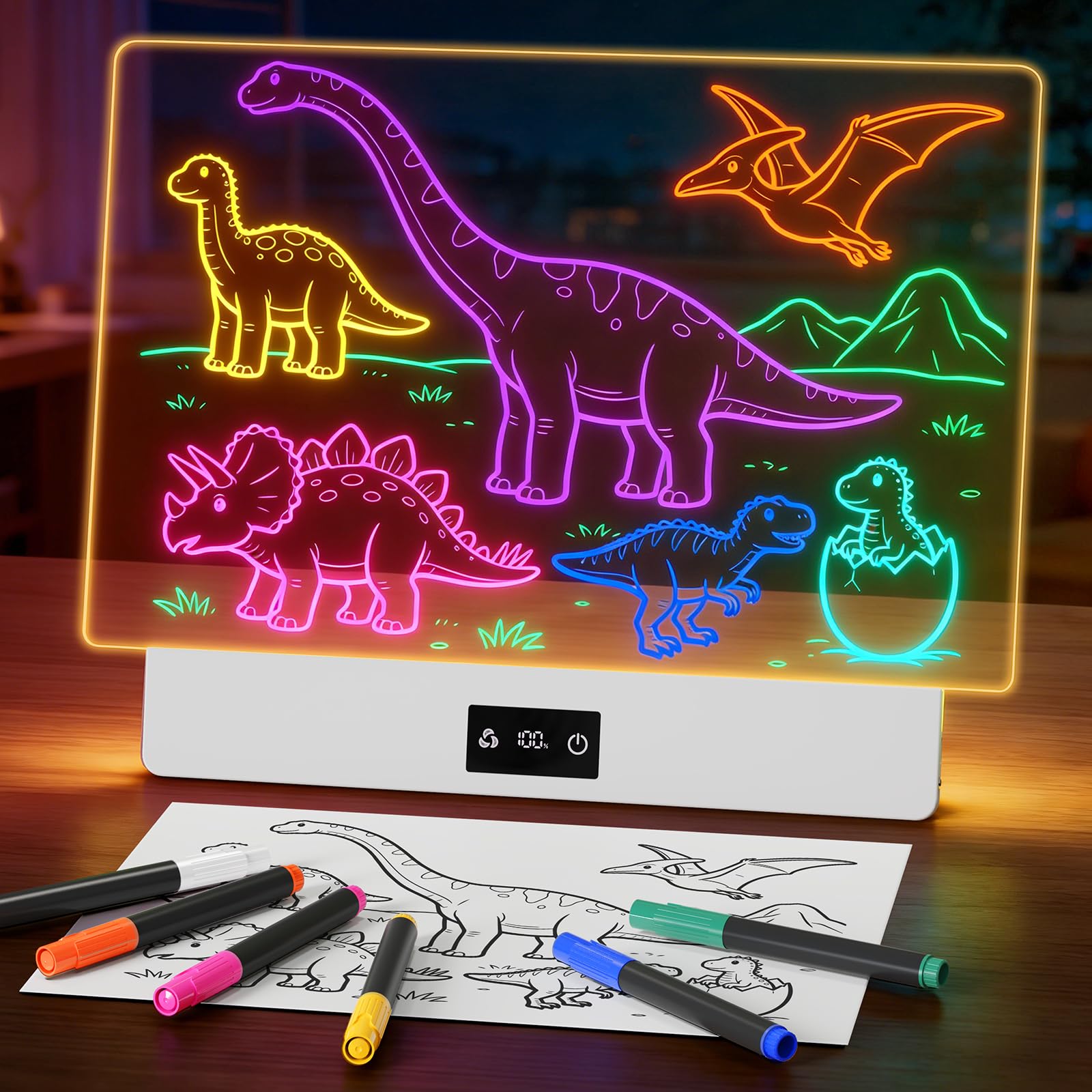 Demolike 16" LED Drawing Board for Kids, Rechargeable Glow Doodle Board with 10 Light Modes, Anti-Scratch Acrylic Dry Erase Pad, 7 Markers & A4