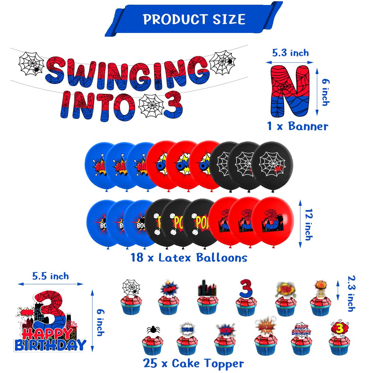 Spider Boy 3rd Birthday Party Supplies, Spider Theme 3rd Birthday Decorations Including Banner Balloons Cake Toppers
