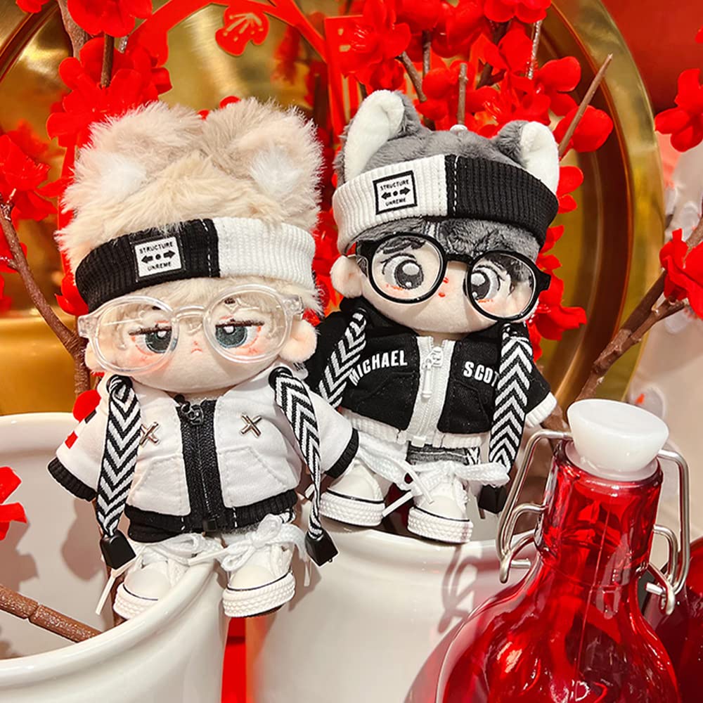 niannyyhouse 10cm Plush Doll Clothes Loose Black and White Suit Headwear Hoodie Pants Glasses Shoes Doll Dressup (Black, 10cm)