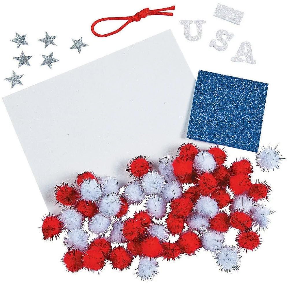 Fun Express Patriotic Pom-Pom American Flag Sign Craft Kit - Makes 12 DIY 4th of July Crafts for Kids Ages 4-8 | Memorial Day Activities