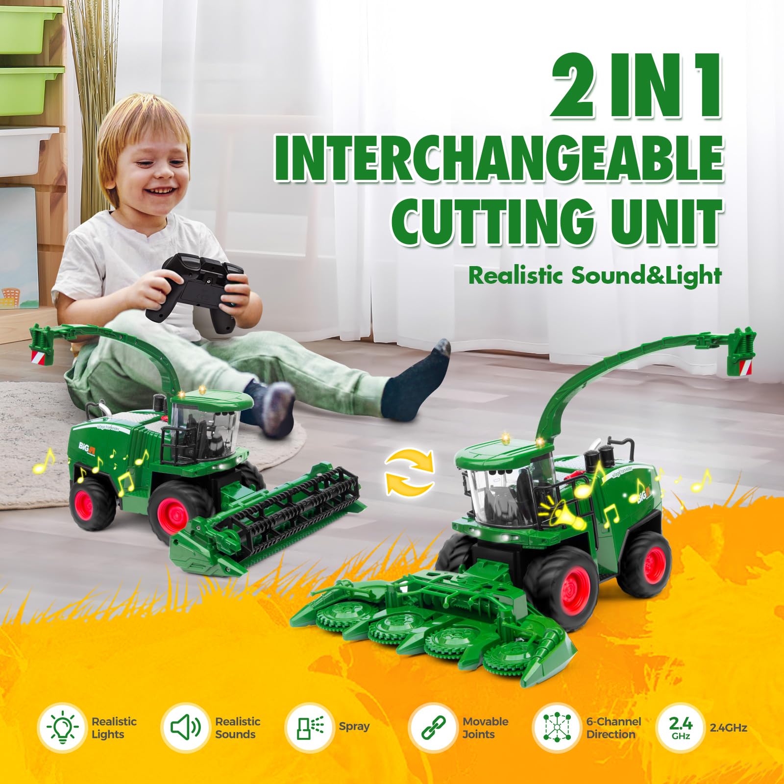 Uarzt Remote Control Combine Harvester Tractor Toy, 1/24 Scale RC Harvester Toys for Kids with 2 Grian Heads/2 Rechargeable Batteries/Light, Farm Toys