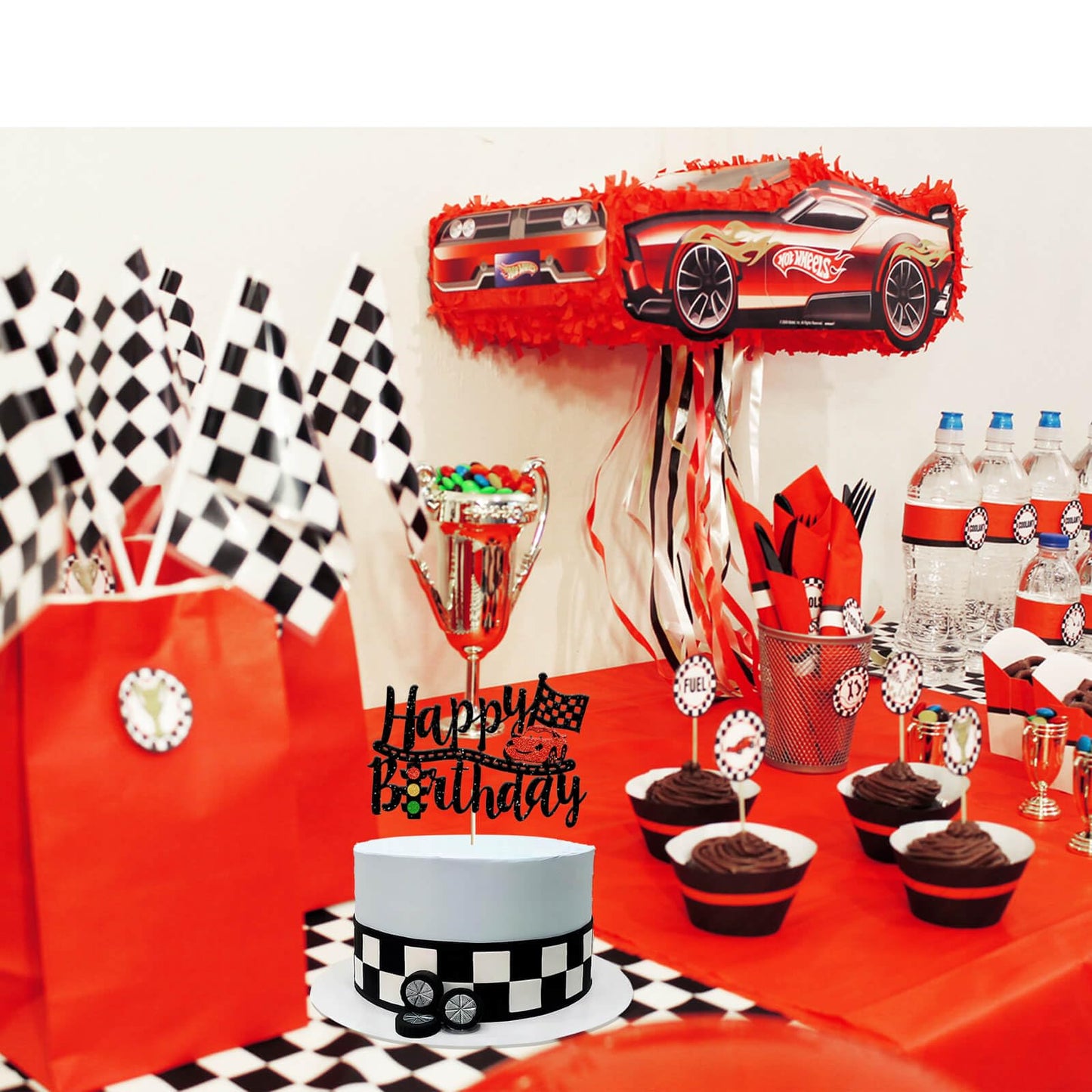 Race Car Birthday Cake Topper - Black Happy Birthday Cake Topper for Chequered Flag/Racing Car Themed Kids Boys Girls 1st 2nd 3th 4th 5th 6th 7th