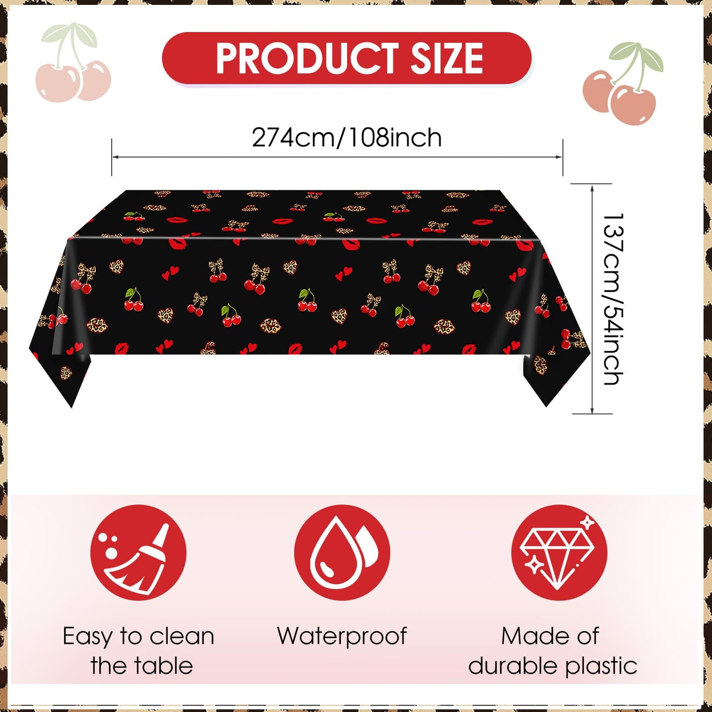 Zaypsot 3Pcs Cheetah and Cherry Birthday Decorations Tablecloths, Red and Black Disposable Plastic Tablecloths 54x108In for Bday Bridal Shower Wedding