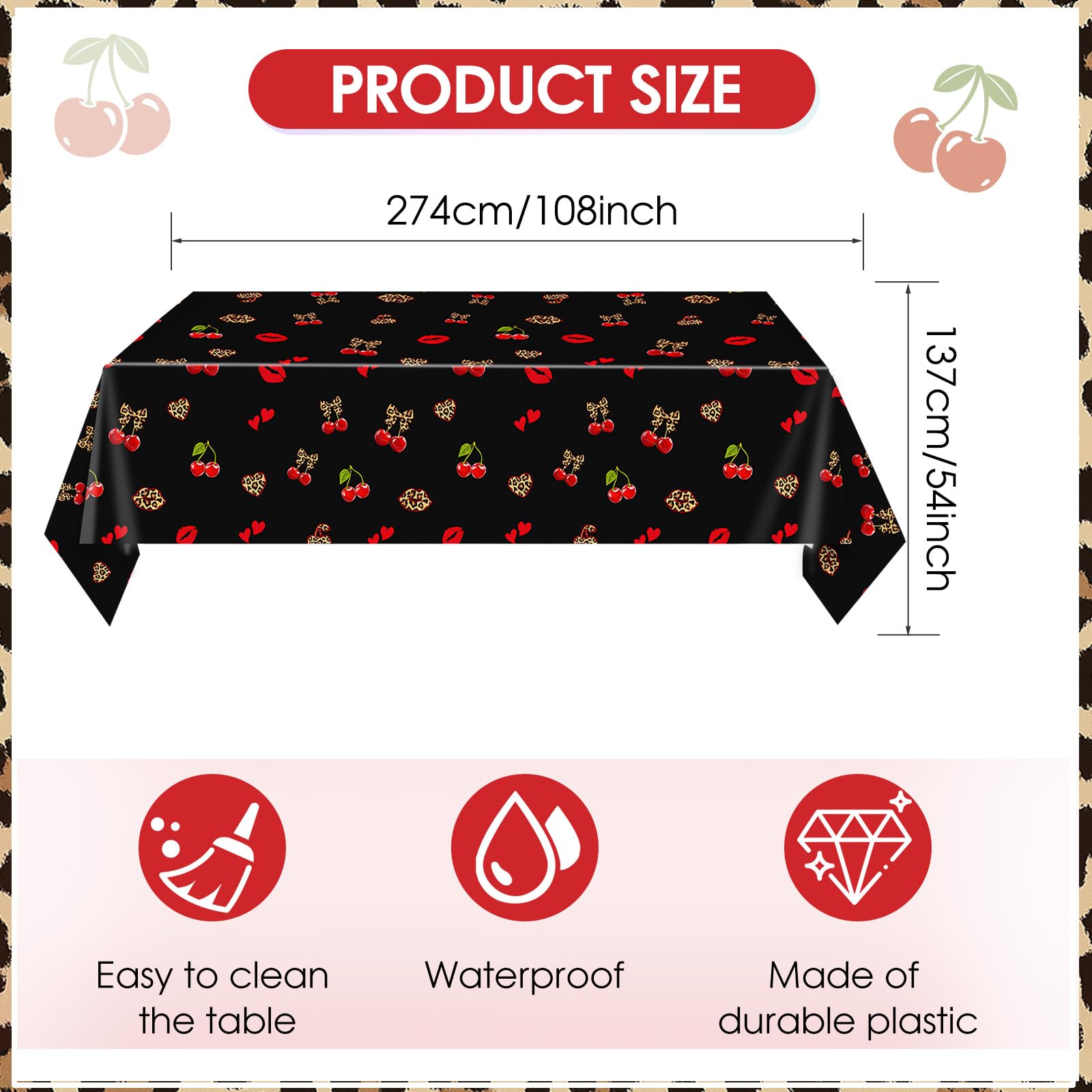 Zaypsot 3Pcs Cheetah and Cherry Birthday Decorations Tablecloths, Red and Black Disposable Plastic Tablecloths 54x108In for Bday Bridal Shower Wedding