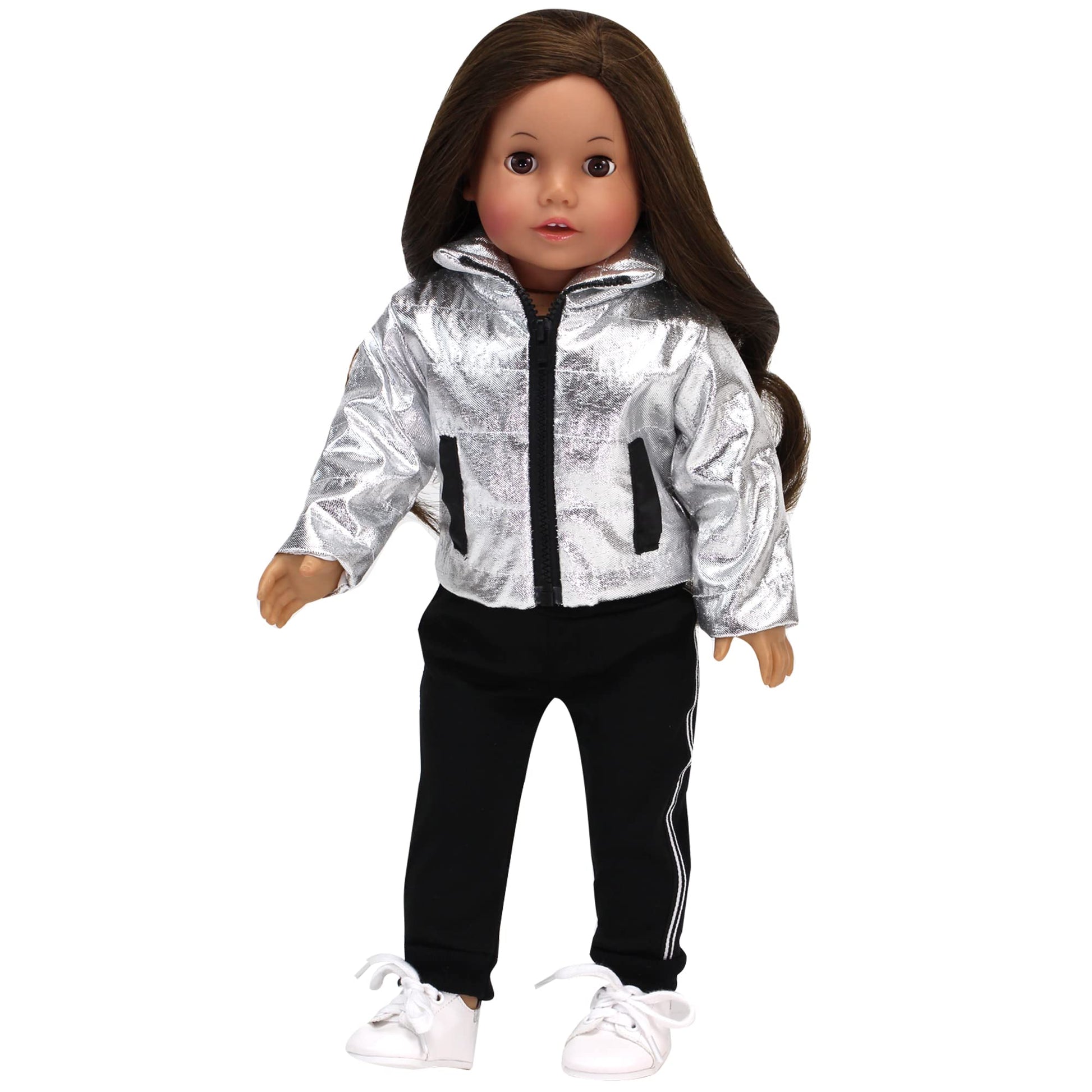 Sophia's 18" Doll Silver Metallic Jacket, Black Side Stripe Joggers, Knit Hat & Sneakers