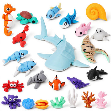 Eisfiel 24Pcs 3D Printed Sea Animal Toys, 3D Printed Ocean Animals Figurines Toys for Kids, Flexible Articulated Fidget Toys for Birthday Party Favors