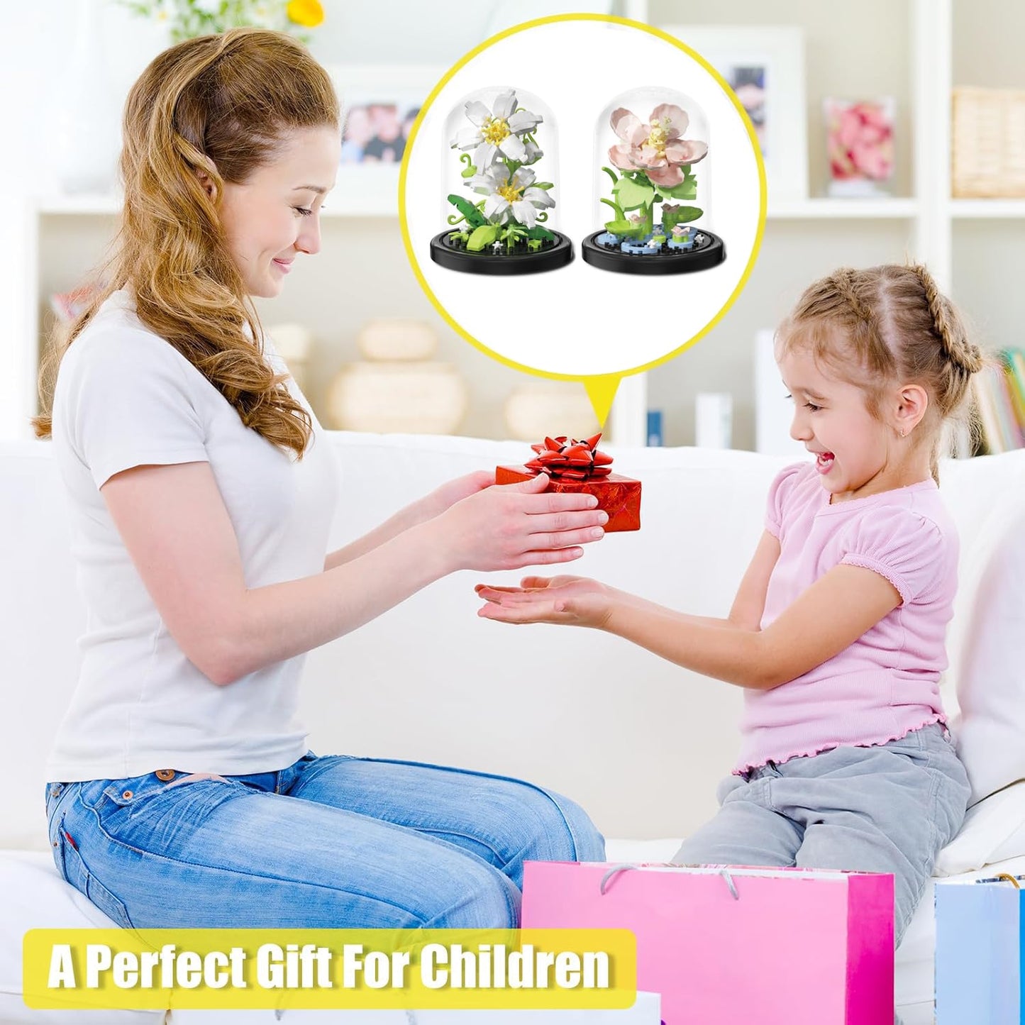 Sofray Hibiscus Flower Bouquet Building Set with Display Case - Valentine's, 2 Kinds of Micro Bricks Artificial Flowers, Creative Anniversary Birthday