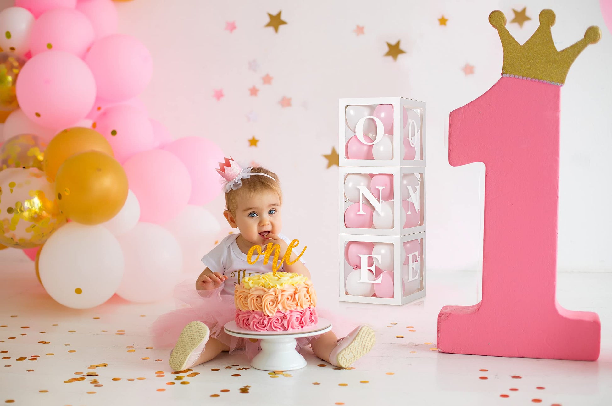 Baby Girl First Birthday Party Decorations 'ONE' Letters Individual Three White Transparent Square Boxes with 24 Balloons Decor for 1 Year Old Baby