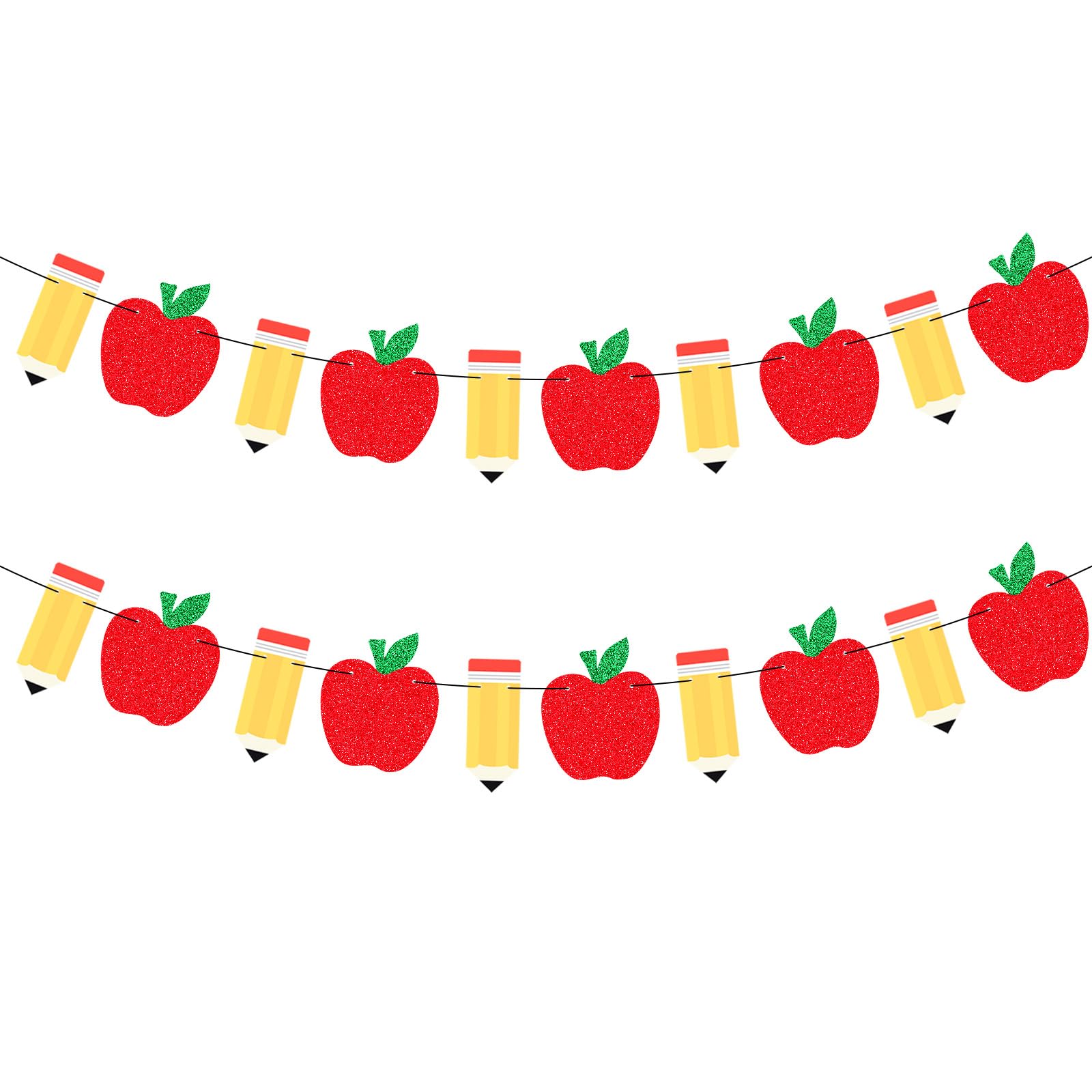 2 Pack Apple Pencil Garland Banner for Back to School Decorations, Pre-Strung Glitter Classroom Kindergarten Hanging Decor for Teacher Appreciation