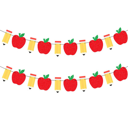 2 Pack Apple Pencil Garland Banner for Back to School Decorations, Pre-Strung Glitter Classroom Kindergarten Hanging Decor for Teacher Appreciation