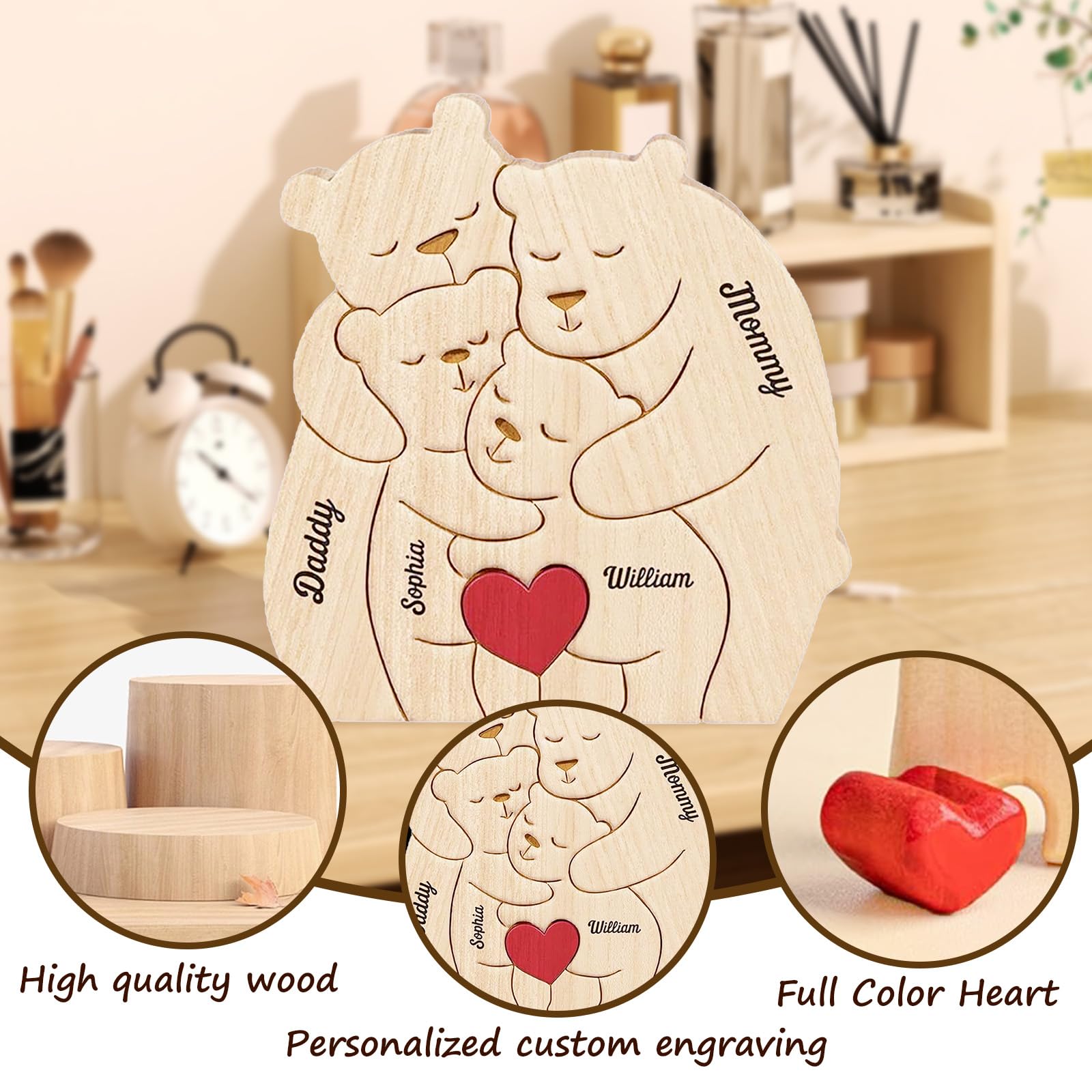 XSTZR Personalized Wooden Bear Puzzle with Names Hugging Bears Family Puzzle Custom Mom/Dad/Family Members,Christmas DayPresent (Hug the Bear 1)