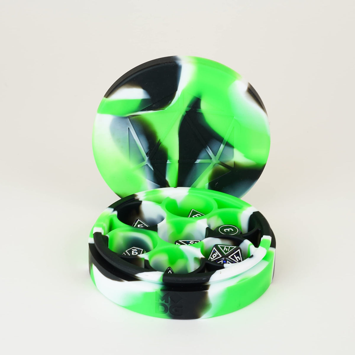FanRoll Silicone Round Dice Case: Green/Black/White, Role Playing Game Dice Accessories for Dungeons and Dragons