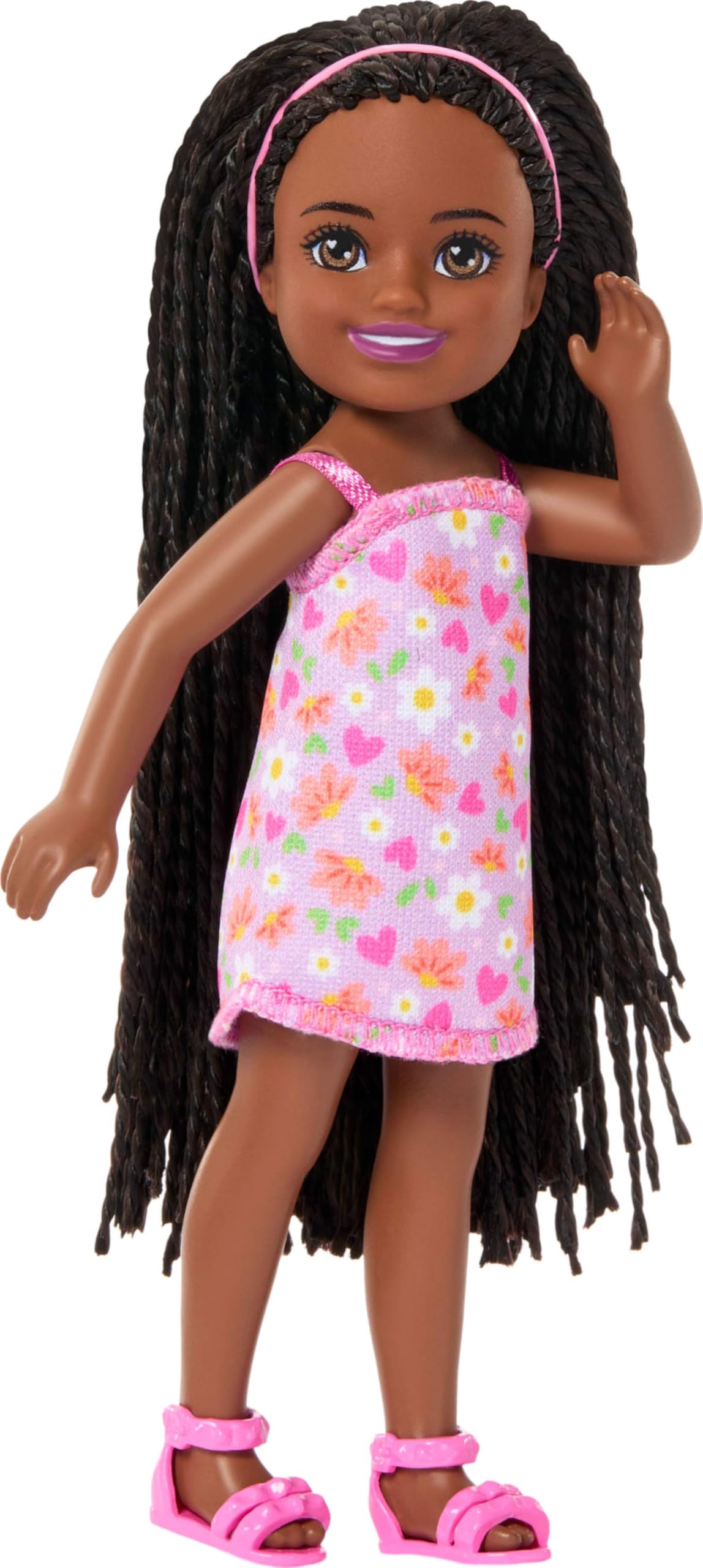 Barbie Club Chelsea Small Doll, 6-Inch Ari with Braided Hair Wearing Removable Flower-Print Dress & Pink Sandals