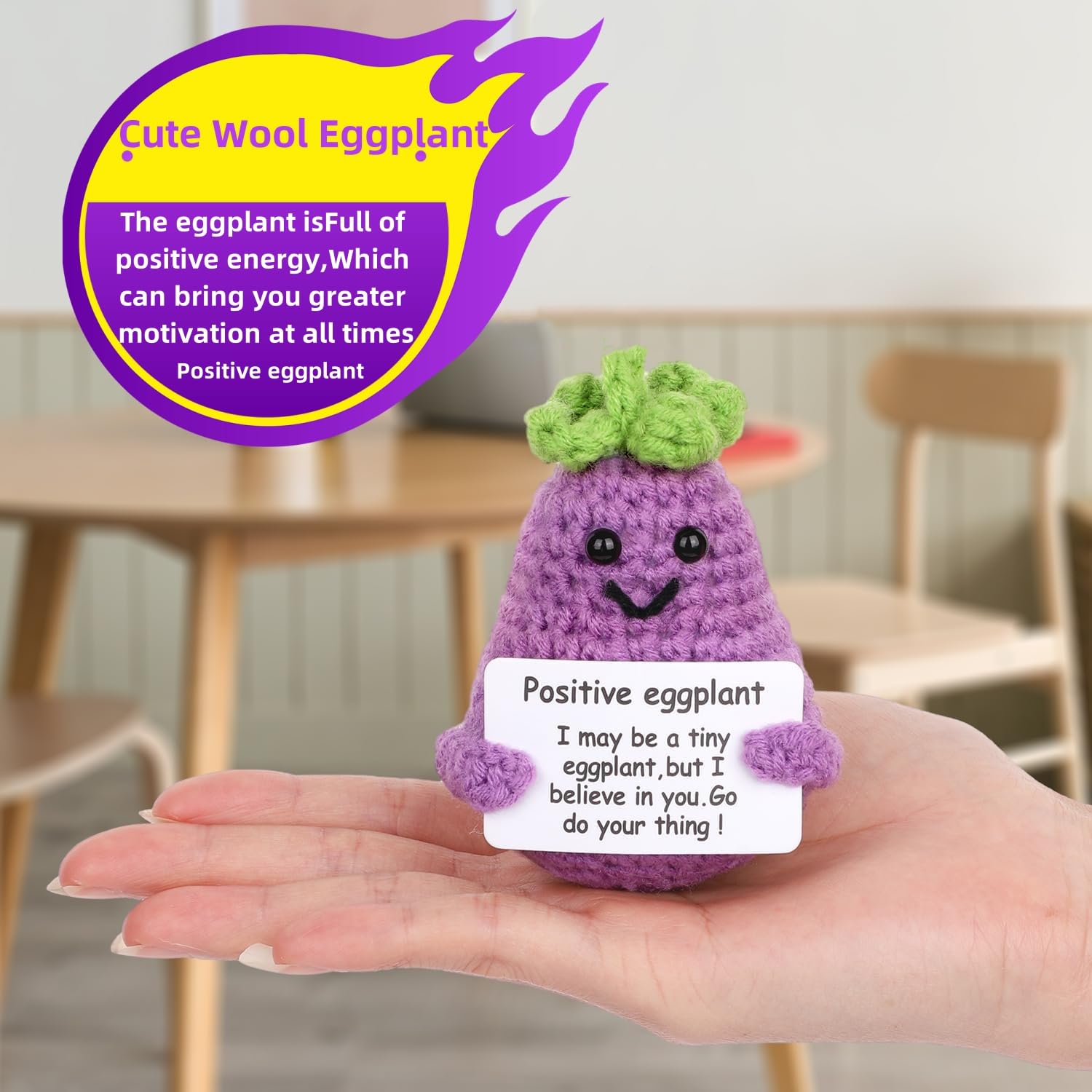 BFYCHYC Handmade Emotional Funny Eggplant Gift, Creative Cute Wool Eggplant Doll with Positive Card, Crochet Gifts, Office and Home Decoration for
